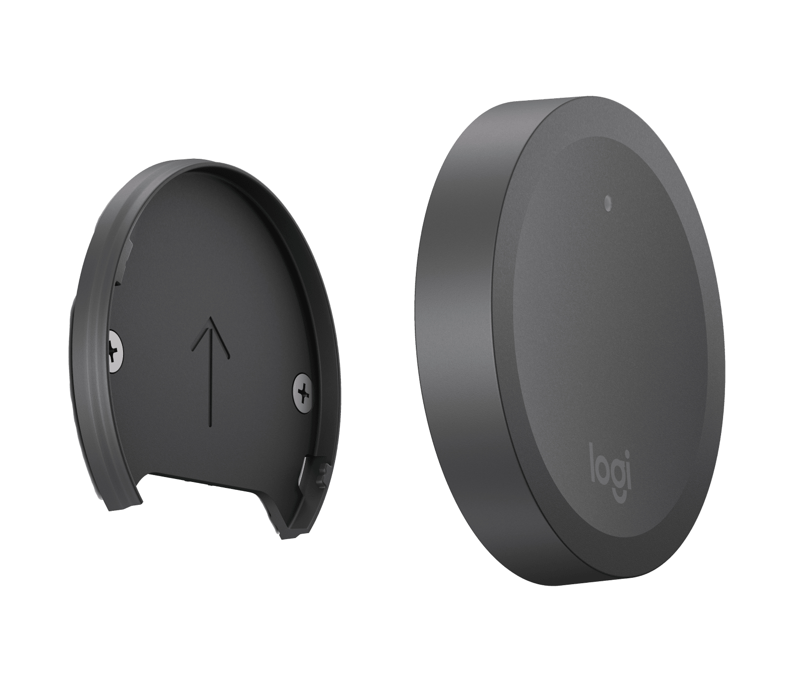 Zwei schwarze Logitech-Geräte auf weißem Hintergrund. Eines ist ein kreisförmiges Steuerelement mit Logo. Das andere ist eine Halterung.