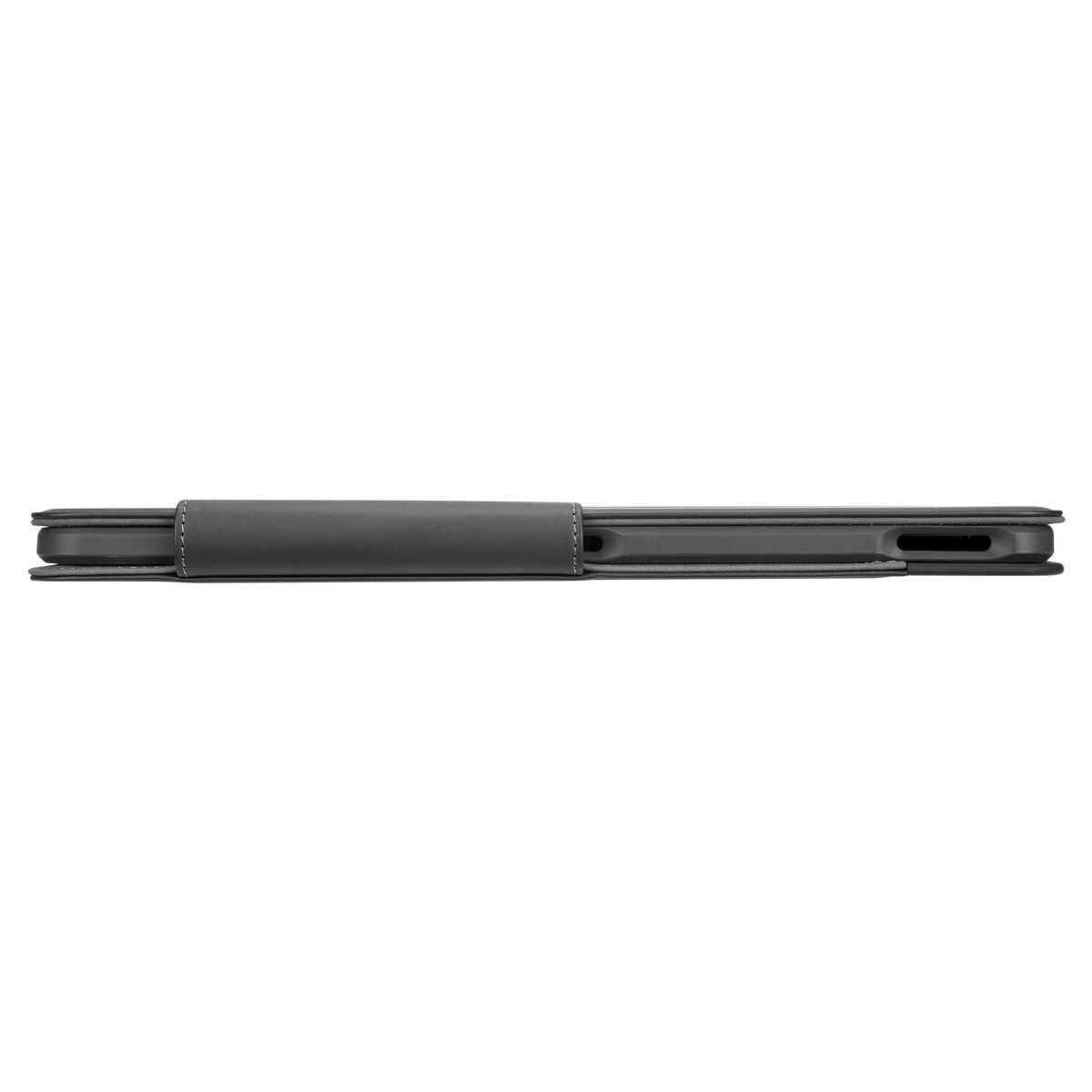 Eine graue Tablethülle ist horizontal zu sehen. Die Hülle ist geöffnet und gibt den Innenraum frei. Ein dunkelgraues Band befindet sich in der Mitte.