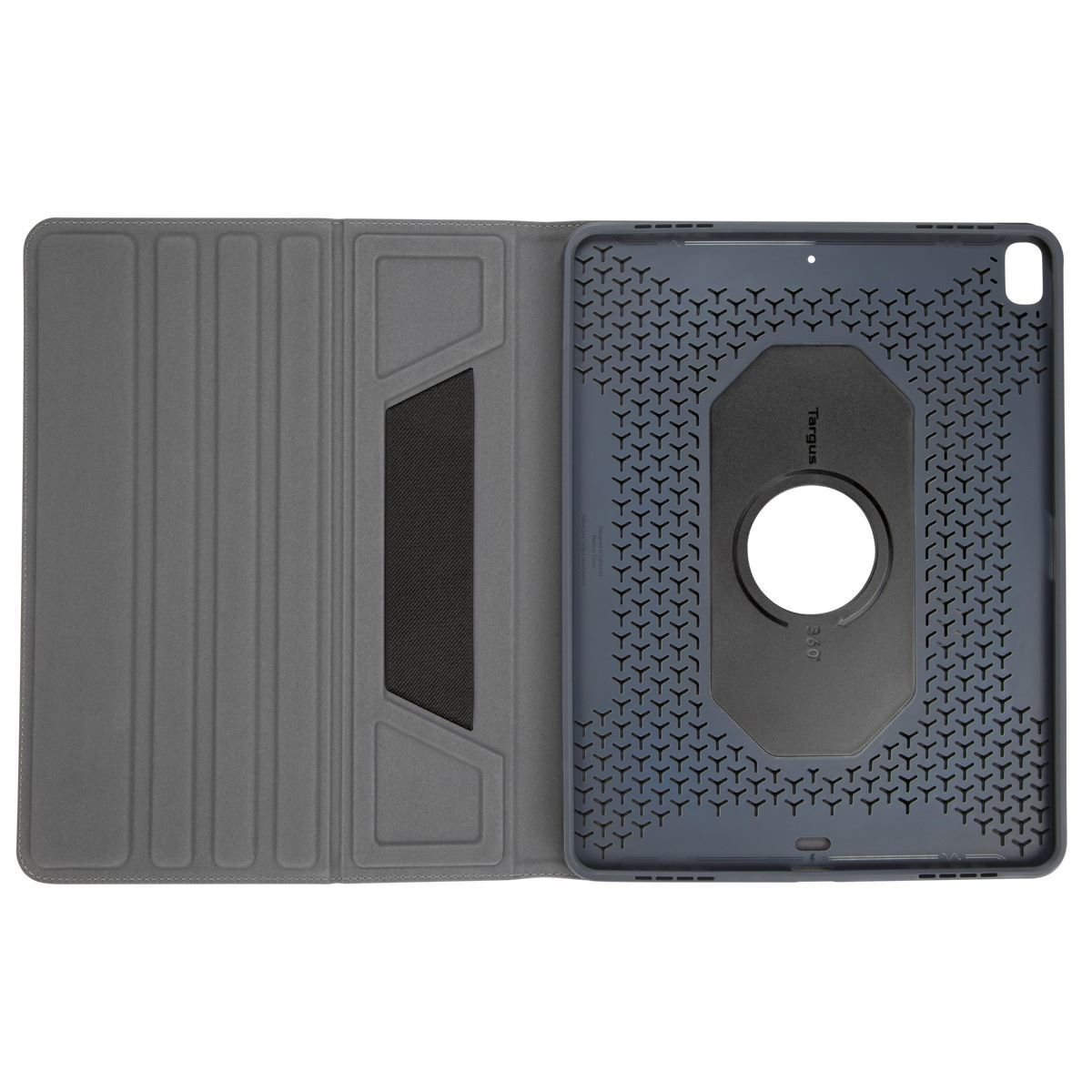 Graue Tablet-Hülle geöffnet mit schwarzem Halter. Innenfach mit Tasche. Gehäuse offen, mit Tablethalter rechts.