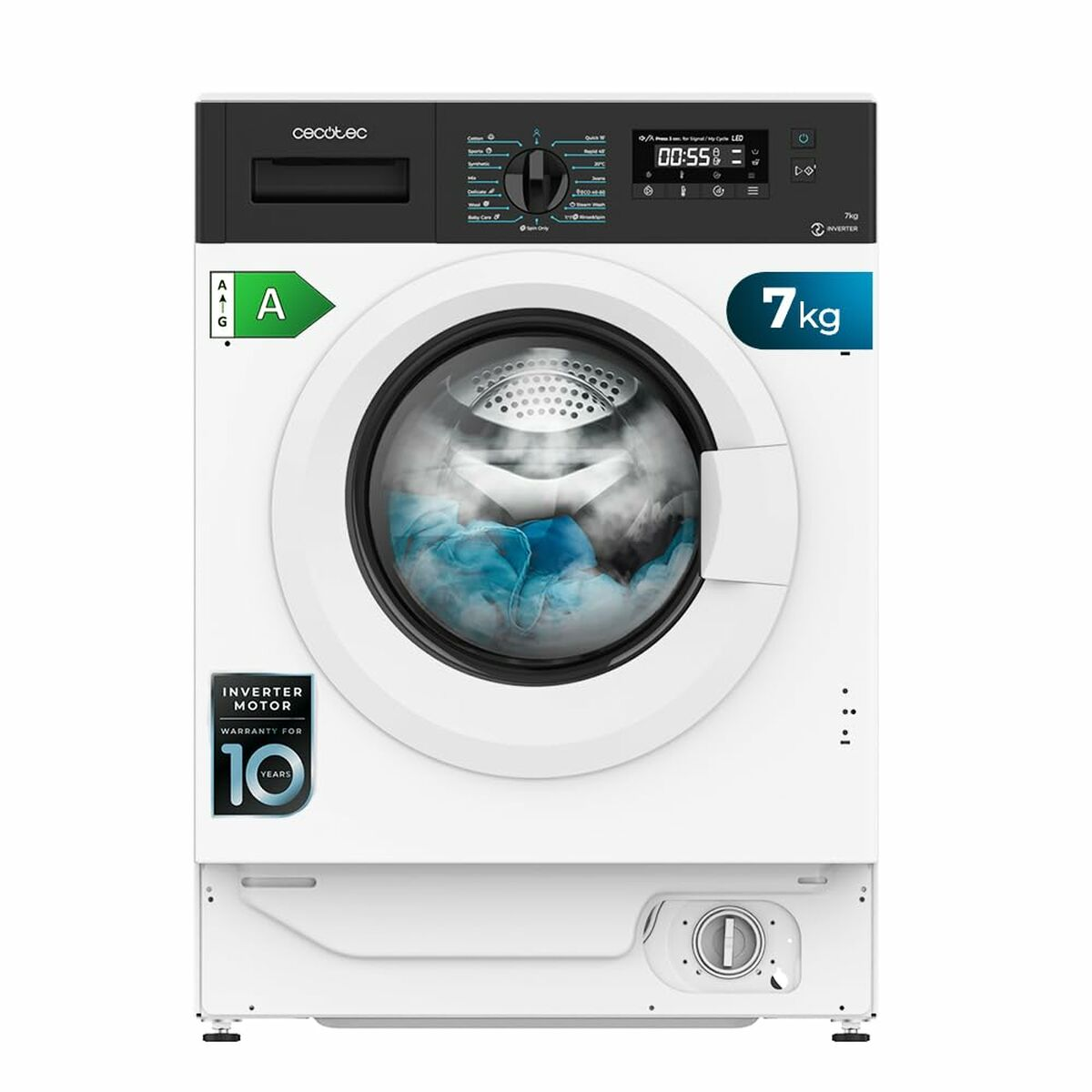 Una lavadora blanca con la parte superior negra. Tiene una puerta de cristal con ropa dentro. La pantalla muestra la hora y la configuración.