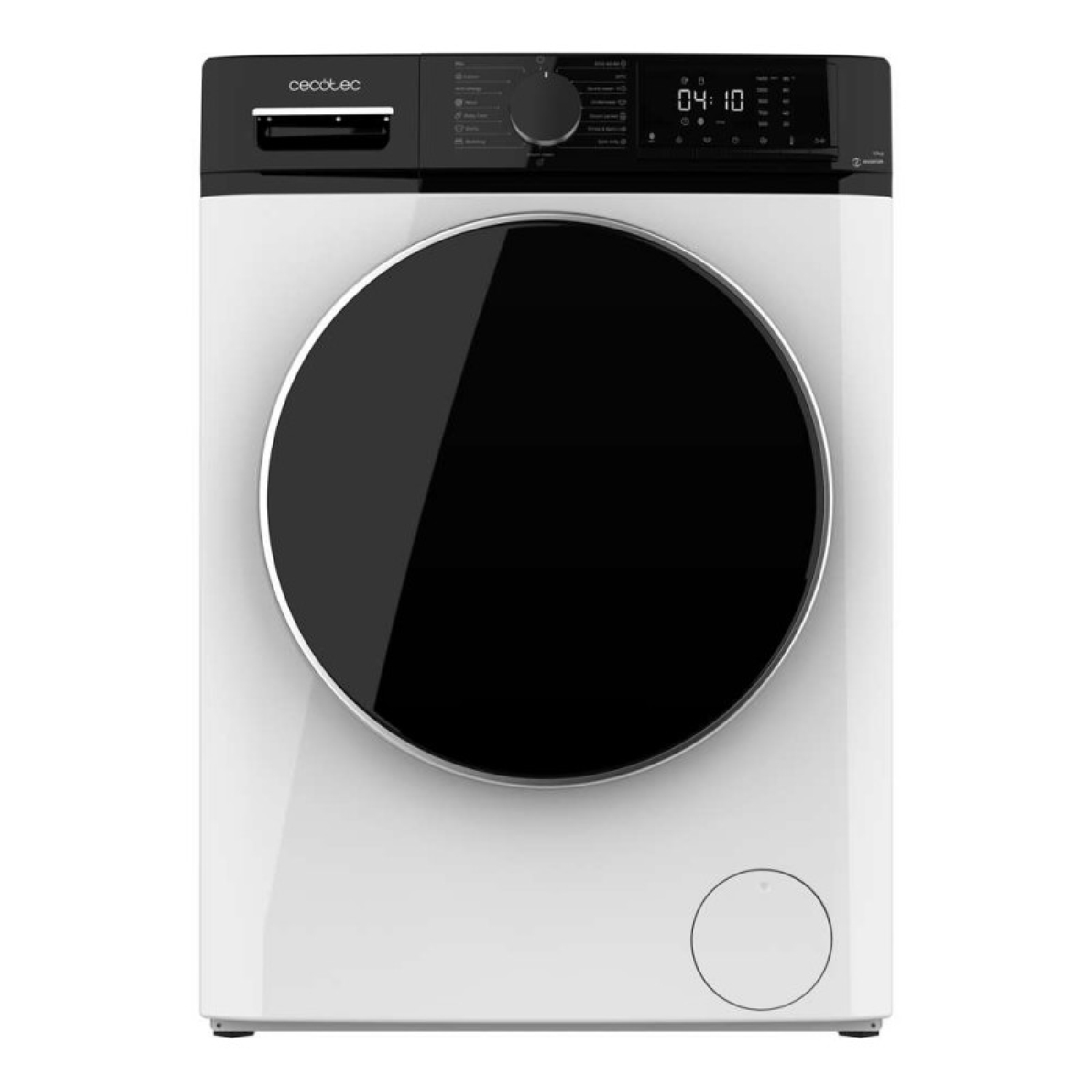 Biała pralka z czarnymi drzwiami i panelem sterowania. Wyświetlacz pokazuje czas. Marka to 'cecotec'.