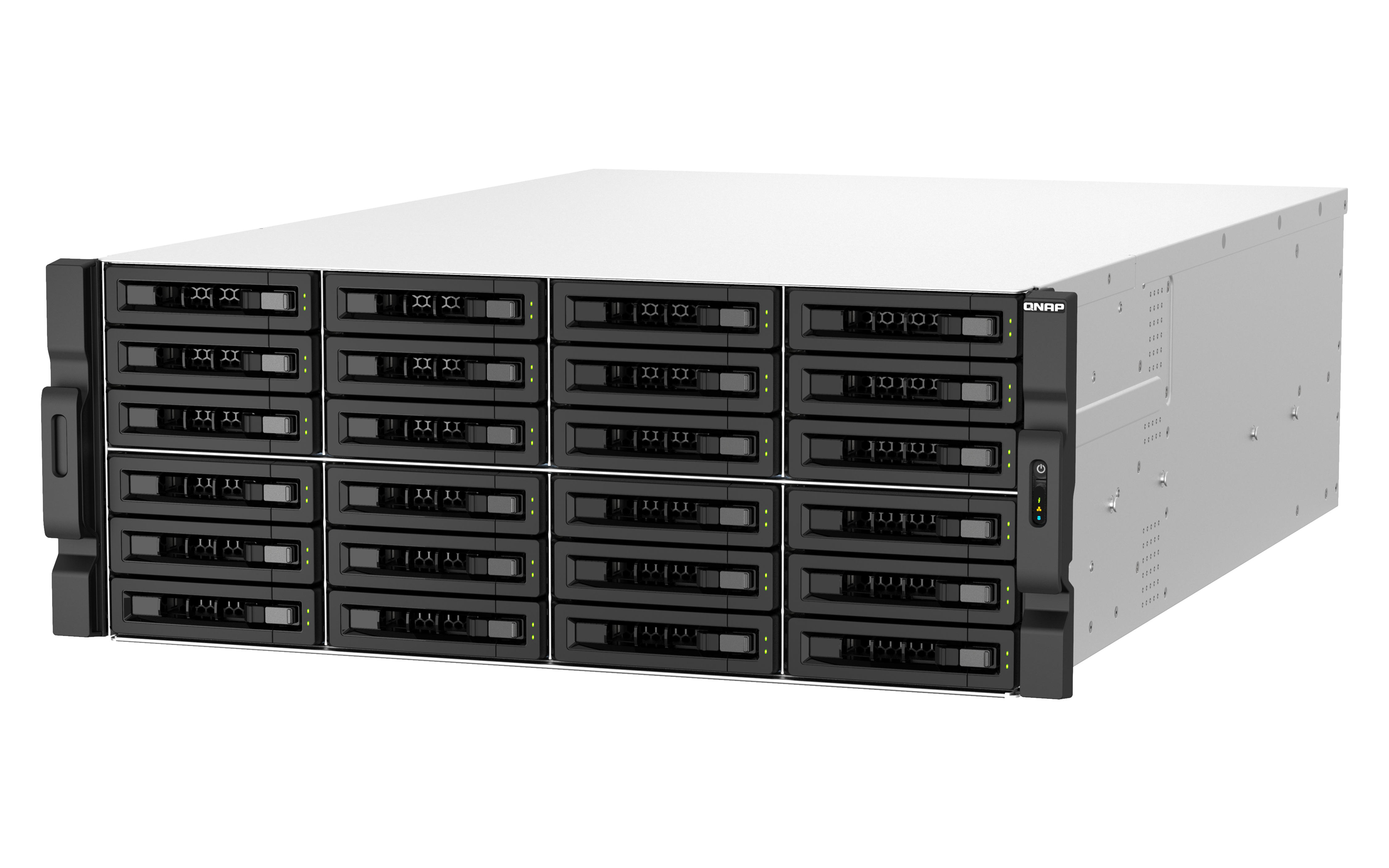Ein QNAP-Server mit mehreren schwarzen Laufwerksschächten. Er hat eine weiße Oberseite und eine graue Seite.