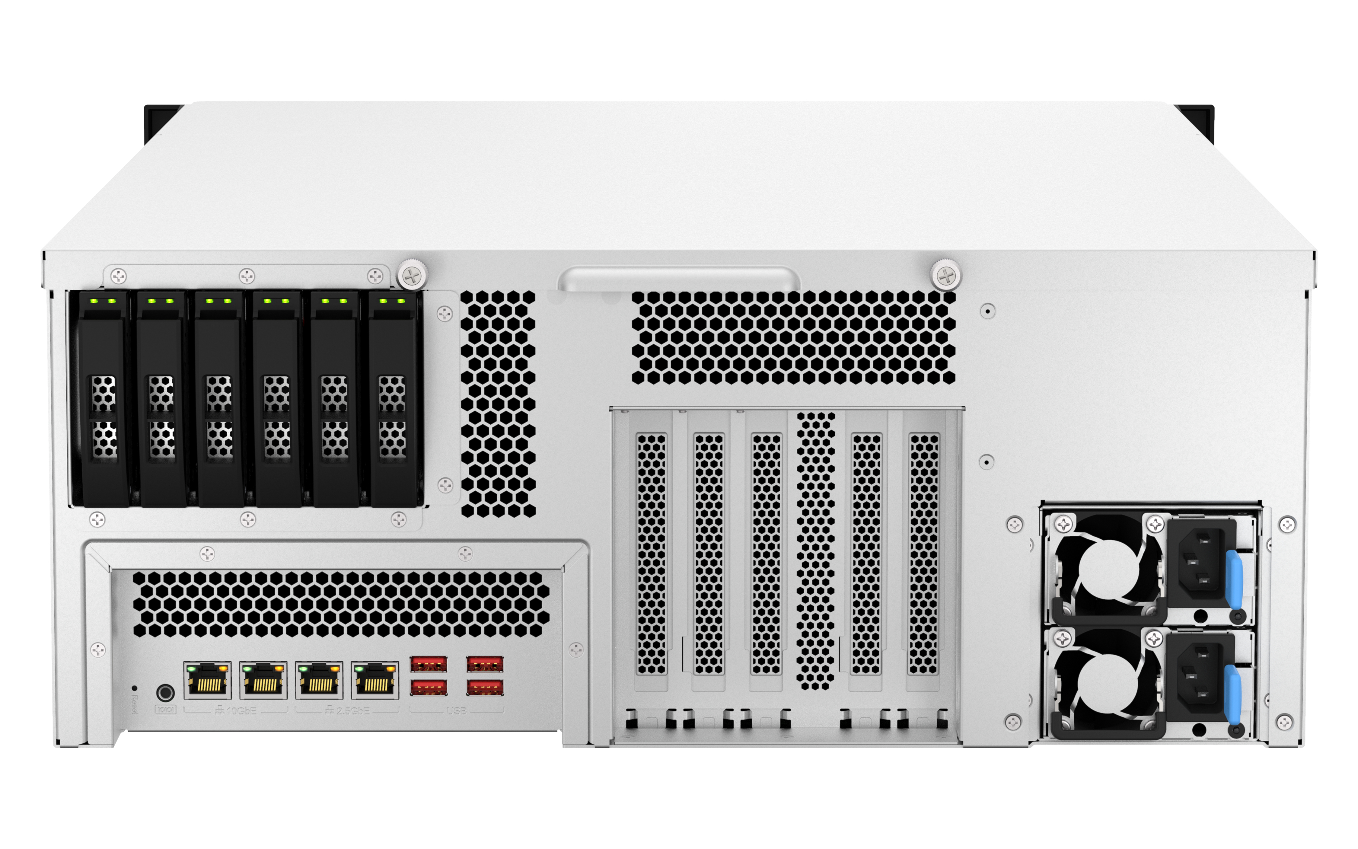 Ein weißer Server mit schwarzen Laufwerkschächten, Belüftung und Anschlüssen. Zwei Lüfter und Stromanschlüsse sind sichtbar.