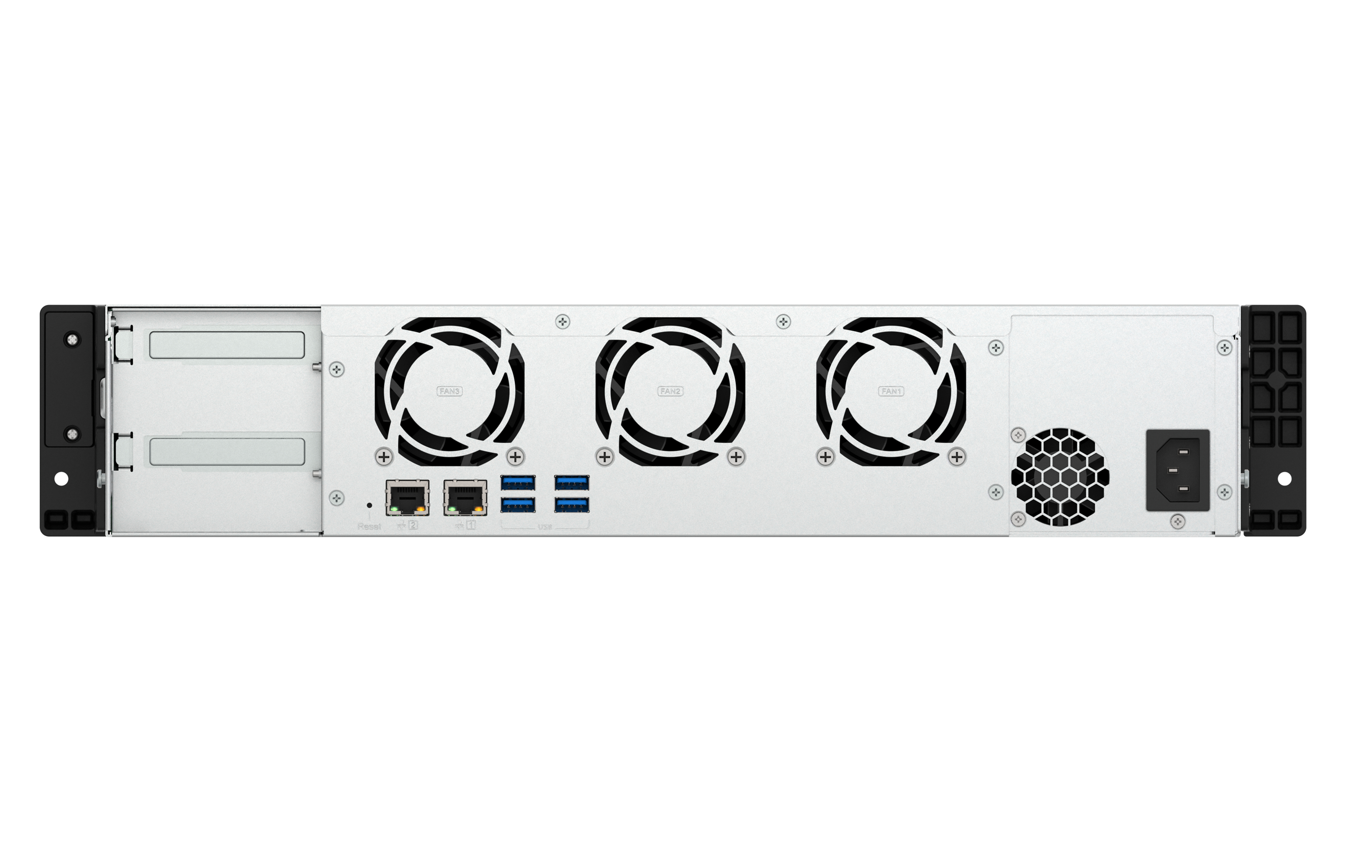 Rückseite eines silbernen Servers mit Lüftern, Anschlüssen und Stromeingang. Es hat schwarz-weiße Komponenten.