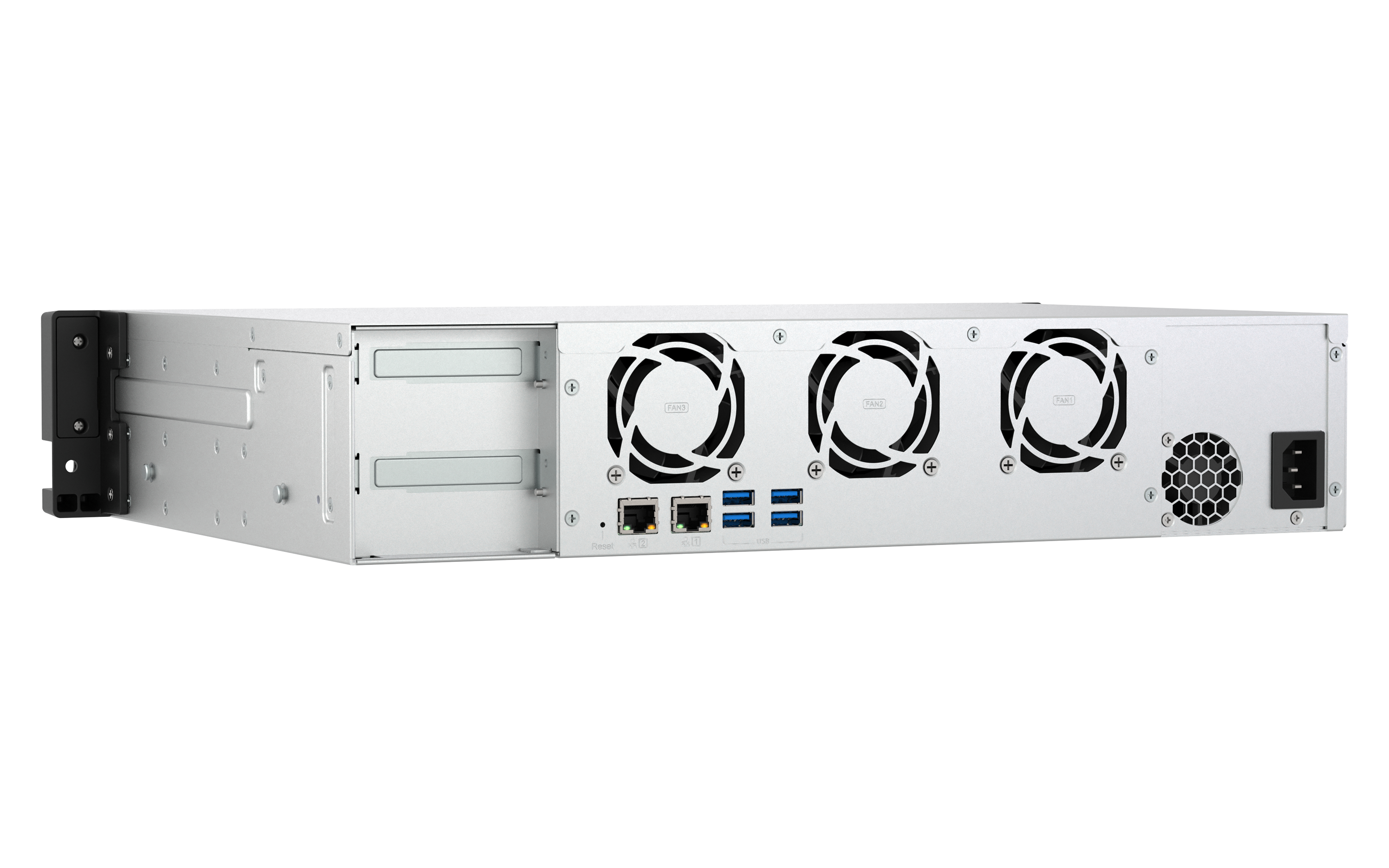 Silberne Server-Rückwand mit Lüftern, Anschlüssen und Stromeingang. Merkmale sind Lüfter, USB- und Ethernet-Anschlüsse.