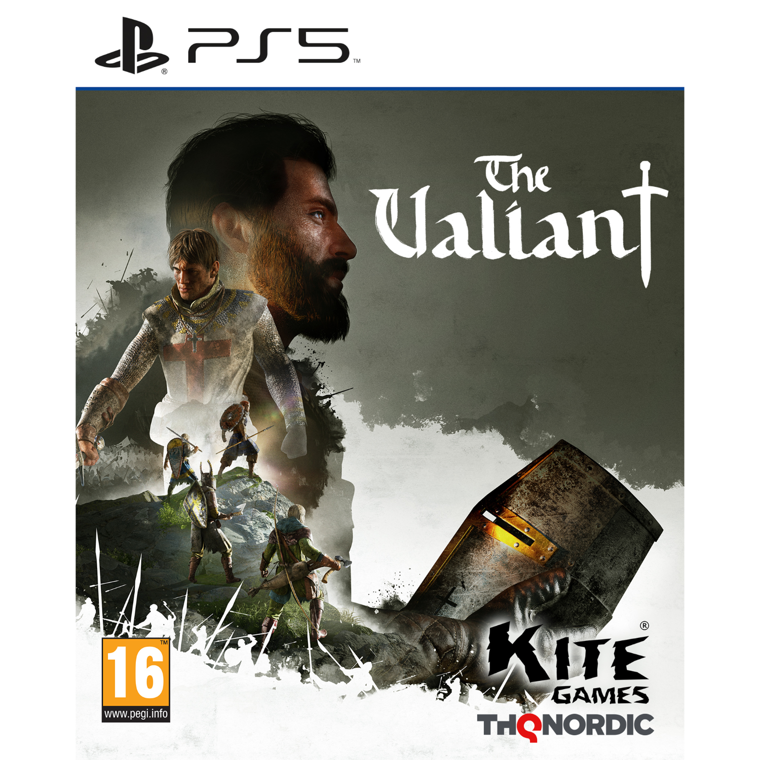 Copertina del gioco The Valiant: cavalieri, un elmo e un uomo barbuto. Logo PS5. Loghi Kite Games e THQ Nordic.