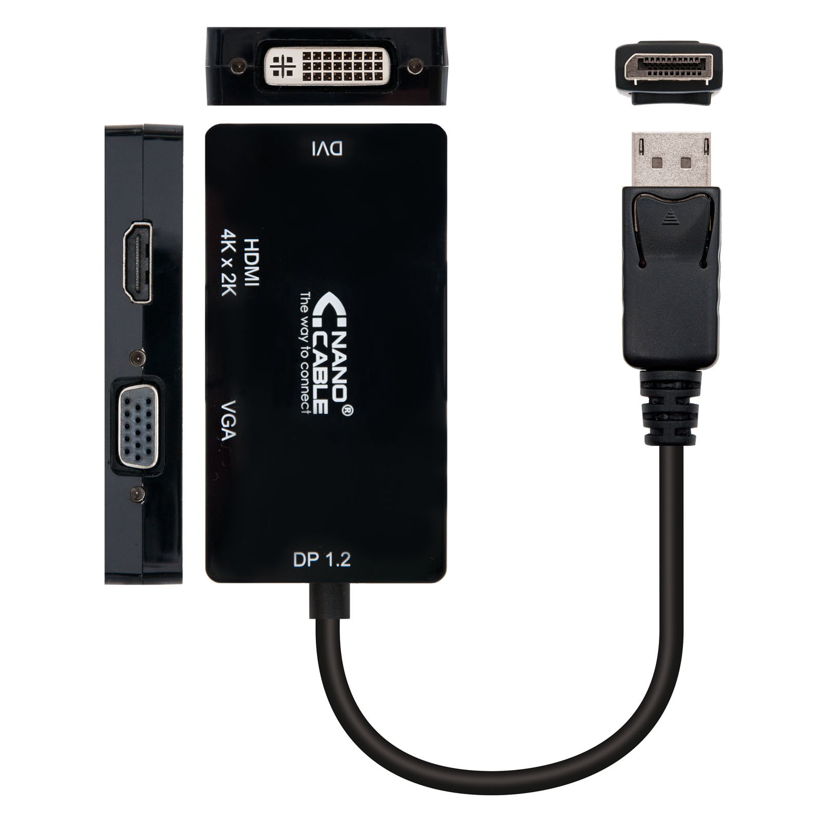 Adaptador negro con puertos DVI, HDMI, VGA y cable DisplayPort. El adaptador está etiquetado como 'Nano Cable'.