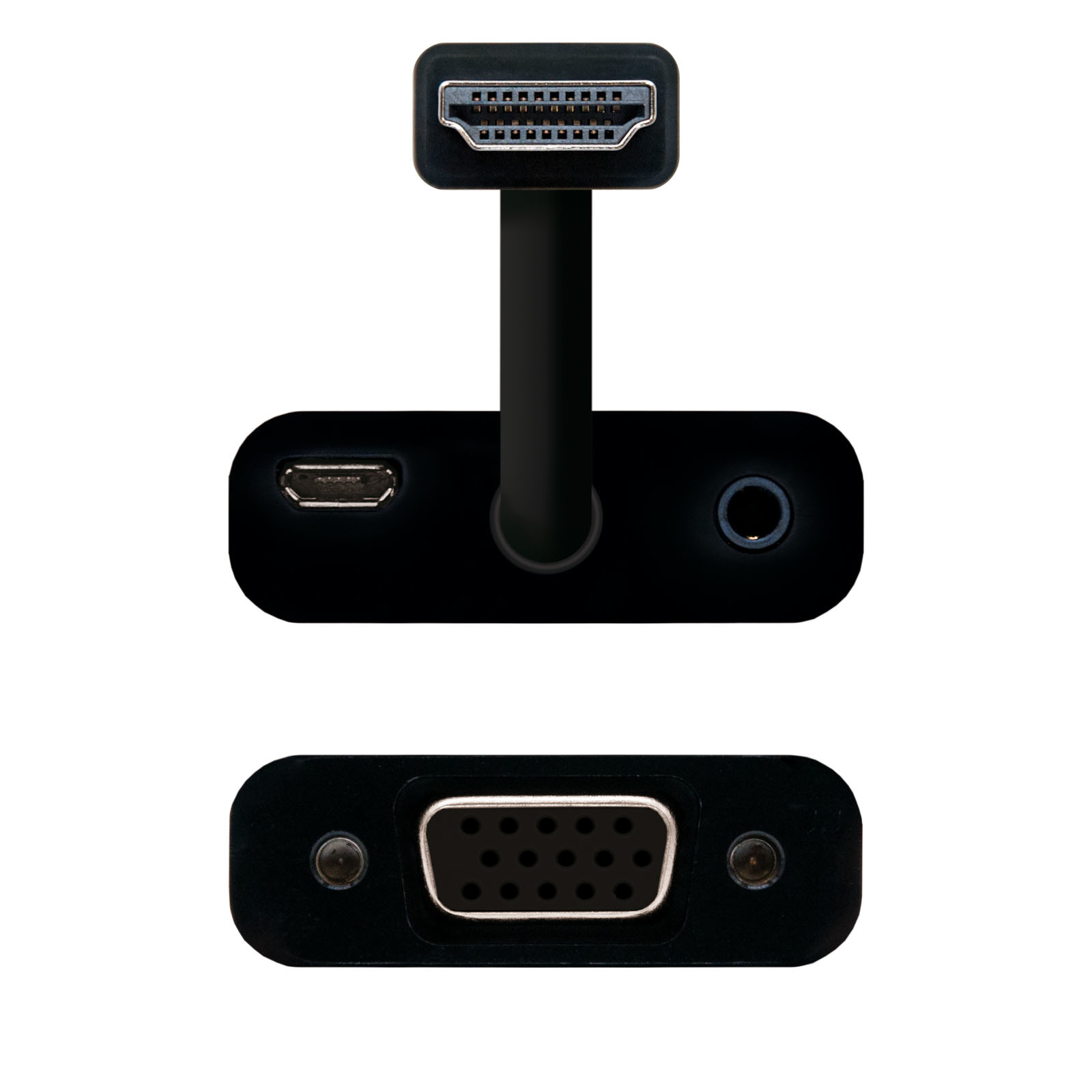 Adaptador negro con puertos HDMI, micro USB y VGA. Puerto HDMI arriba, cable en el medio y VGA abajo.