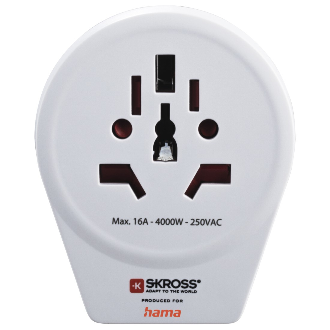 Biały adapter podróżny z wieloma gniazdami. Ma trójkątny kształt z czarnymi i czerwonymi wstawkami. Tekst: Max. 16A-4000W-250VAC, logo.