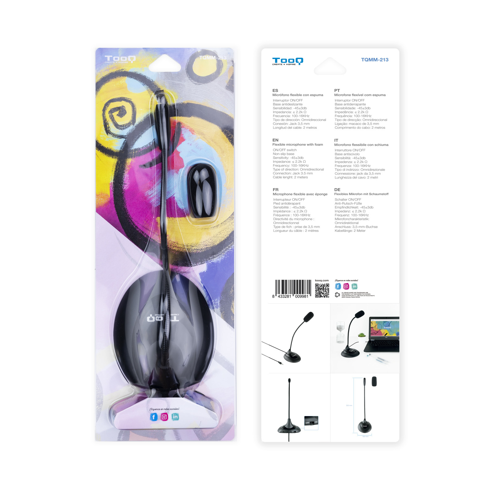 Czarny mikrofon z piankową główką, na czarnej podstawie, zapakowany w białe i kolorowe pudełko.