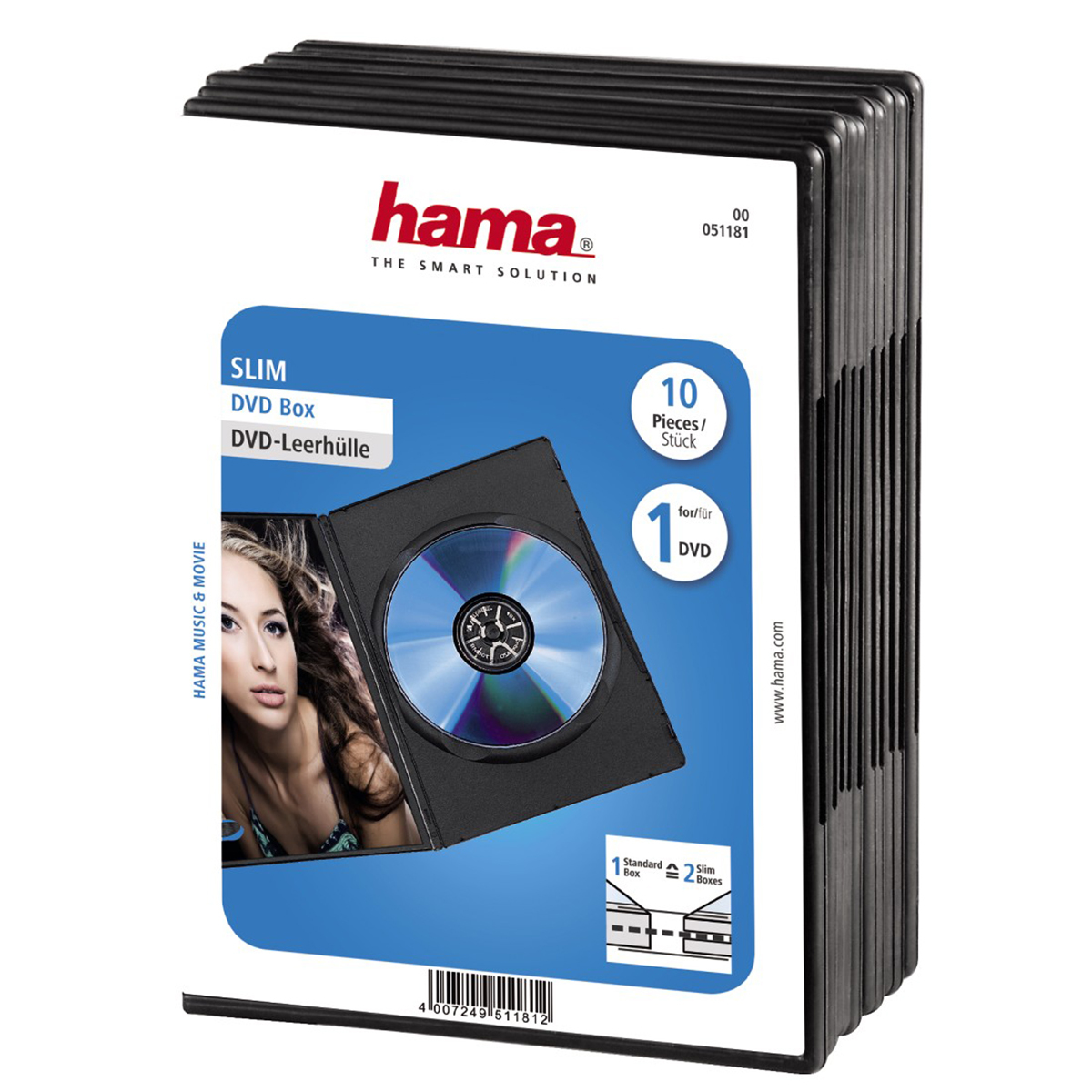 Ein Stapel schwarzer DVD-Hüllen. Die vordere Hülle ist geöffnet und zeigt eine DVD. Die Verpackung zeigt die Marke Hama und Produktdetails.
