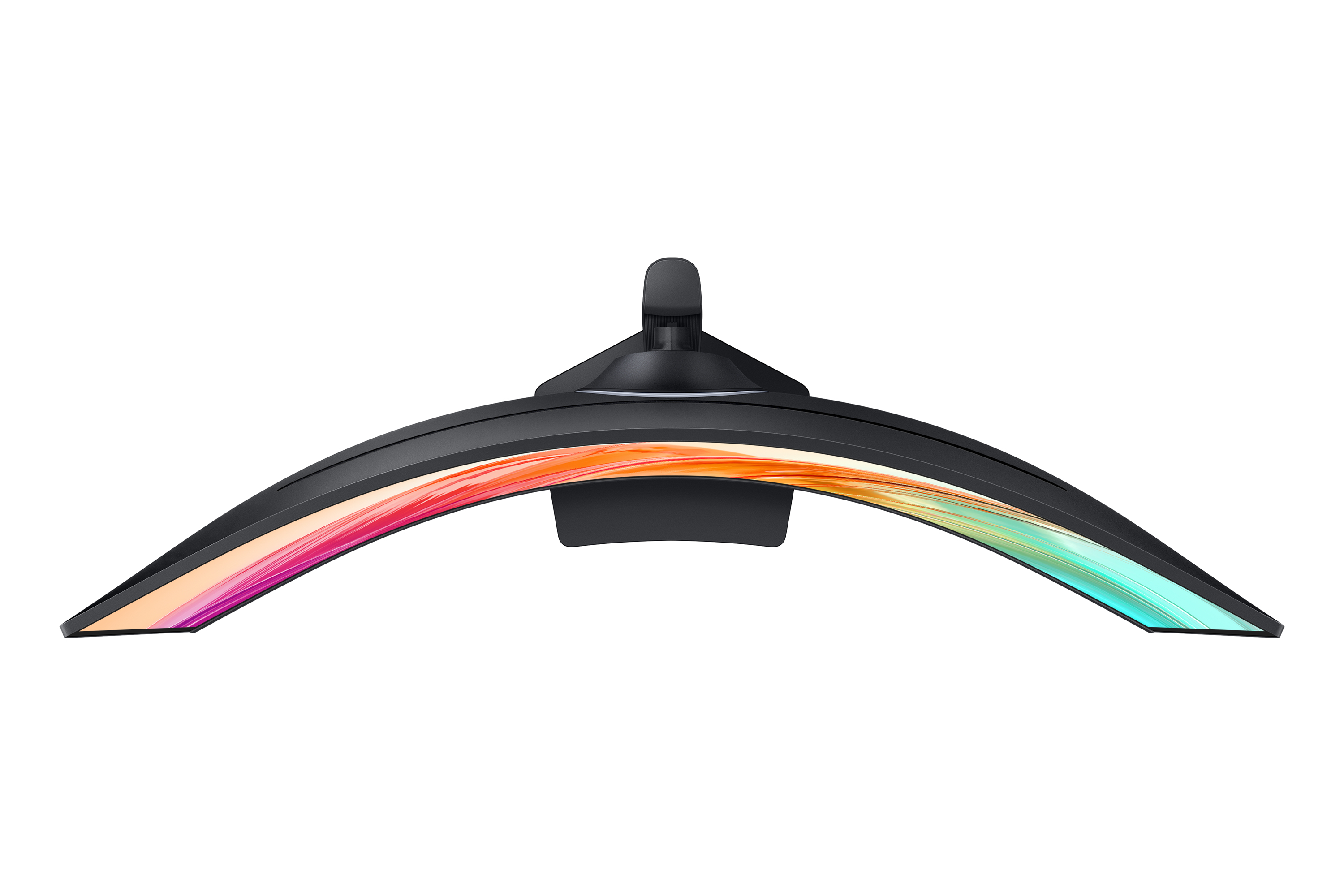 Zakrzywiony czarny monitor z kolorowym wyświetlaczem. Ma podstawę i jest na białym tle.