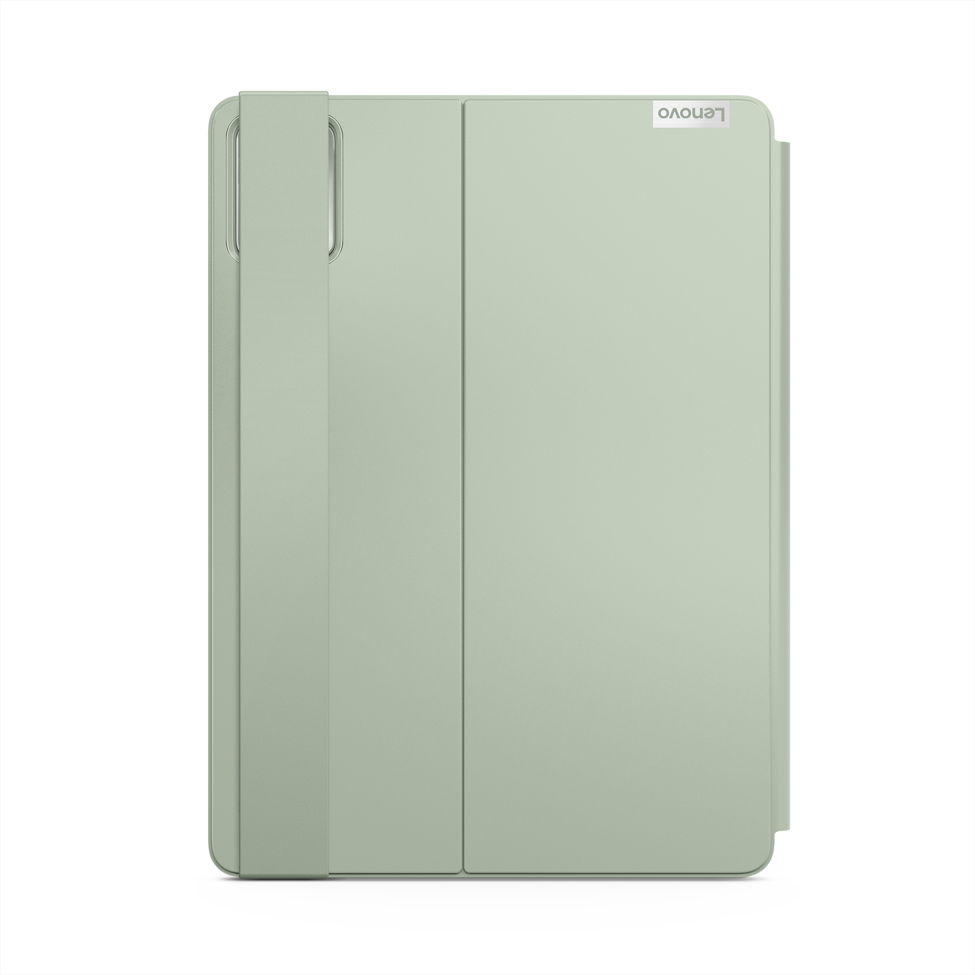 Eine hellgrüne Lenovo-Tablethülle. Die Hülle hat eine Abdeckung, die über den Bildschirm gefaltet wird, mit dem Lenovo-Logo.