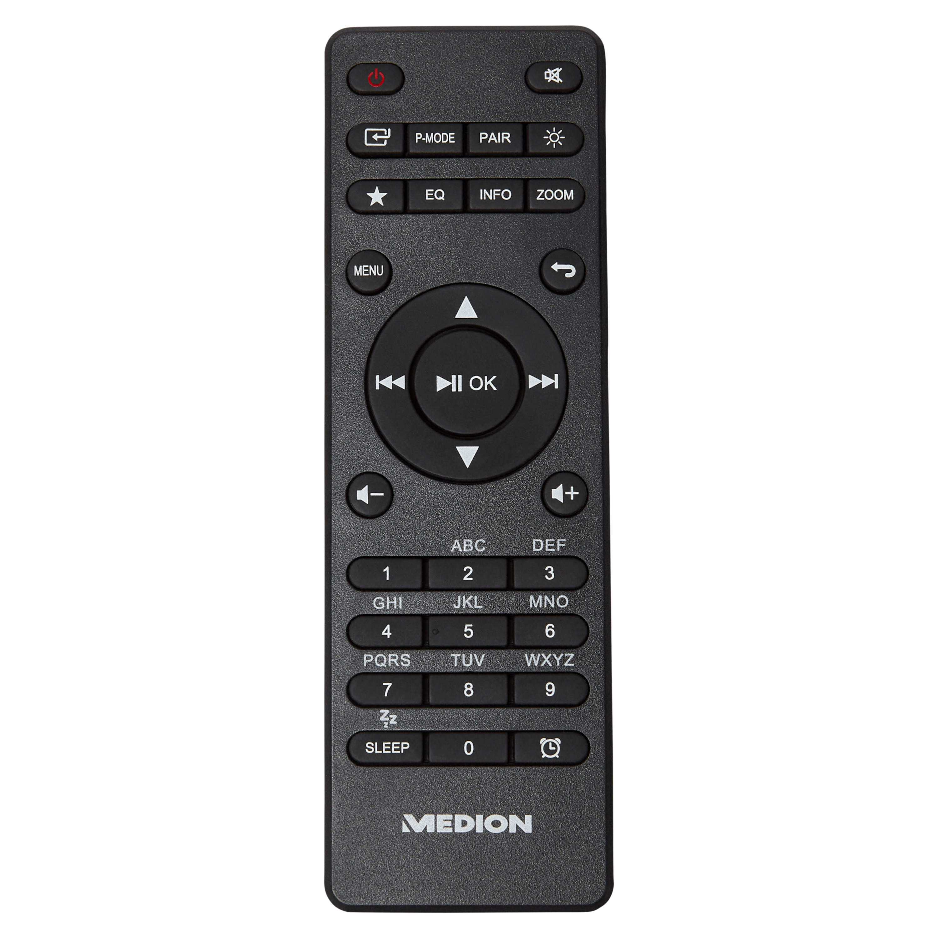 Czarny pilot z przyciskami: zasilanie, menu, głośność, kanał, numery i logo MEDION.