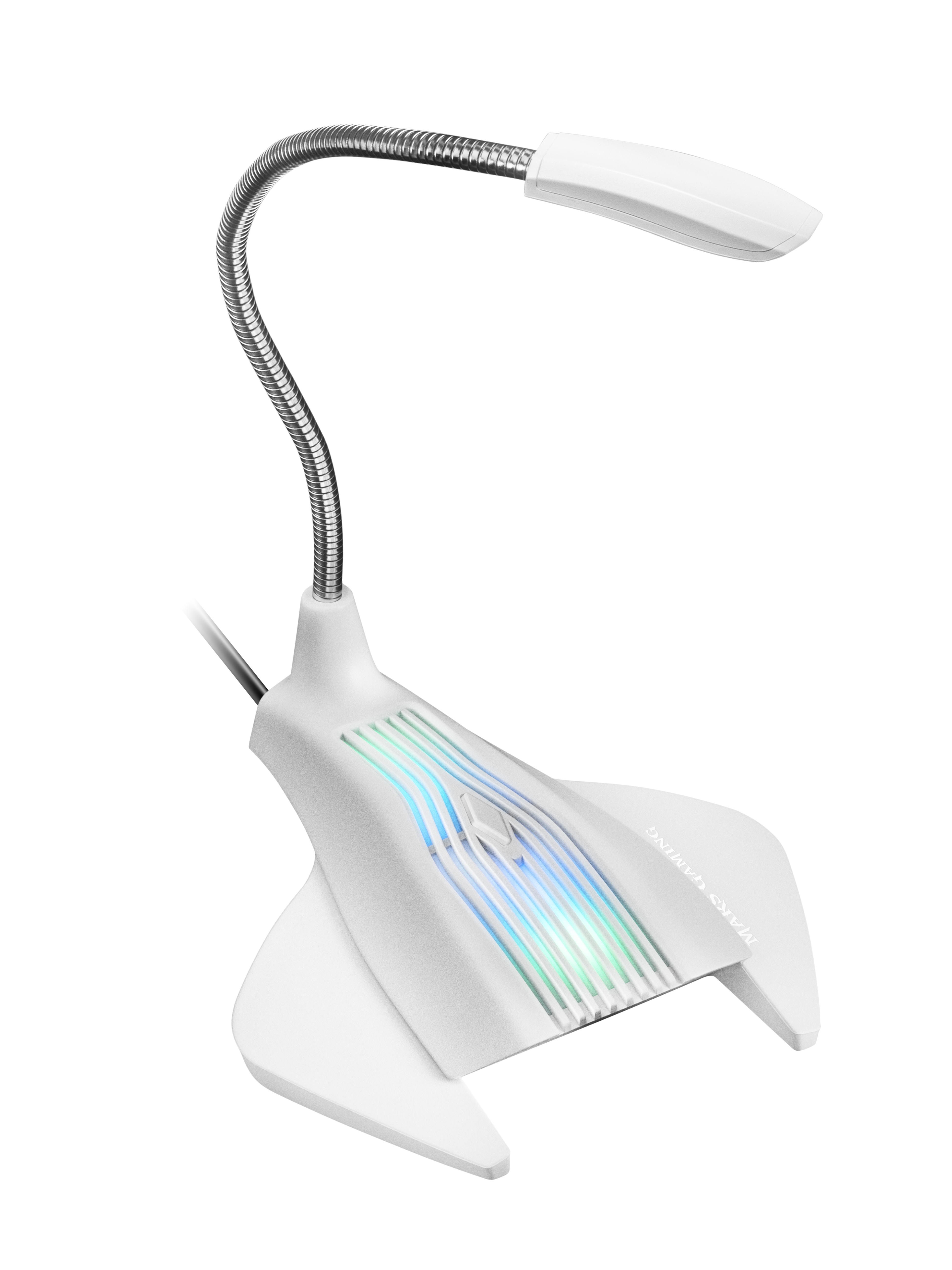 Un micrófono para juegos blanco con un brazo de metal flexible y luces LED en la base. La marca es visible.