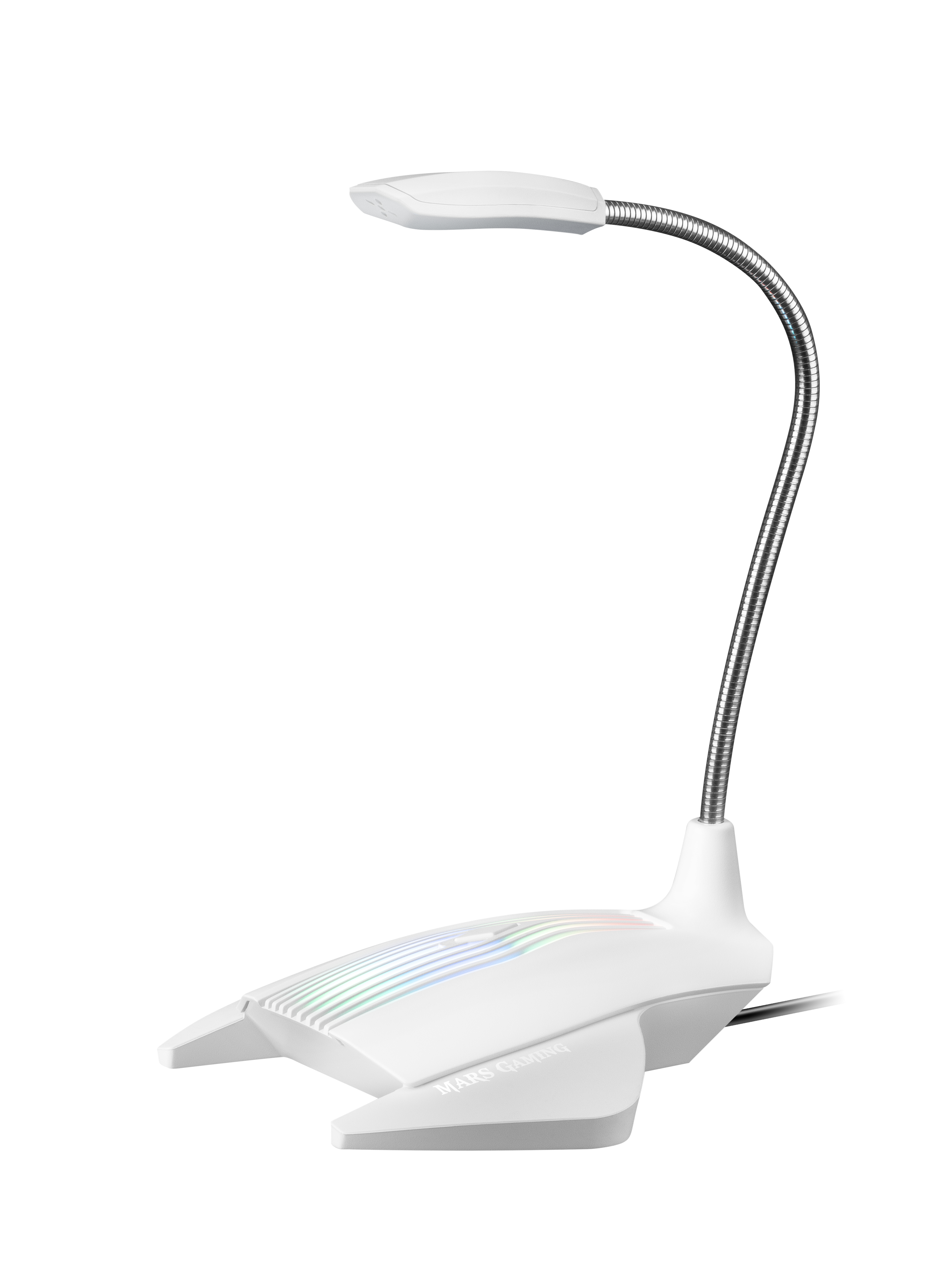 Lámpara de juego blanca con cuello flexible plateado y luz rectangular. La base tiene luces de colores.