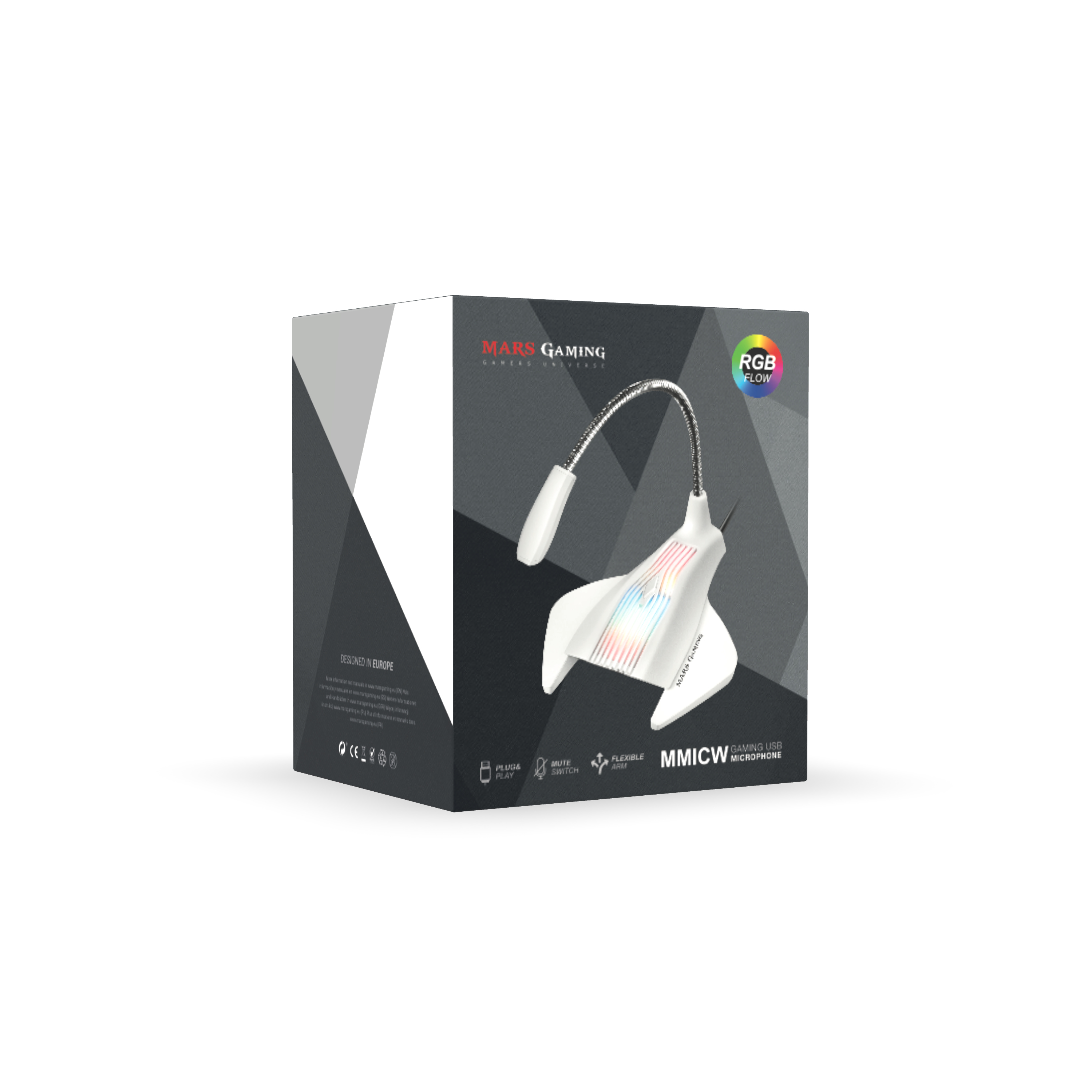 Una caja blanca y negra con un micrófono para juegos. Tiene luces RGB y la marca es visible.