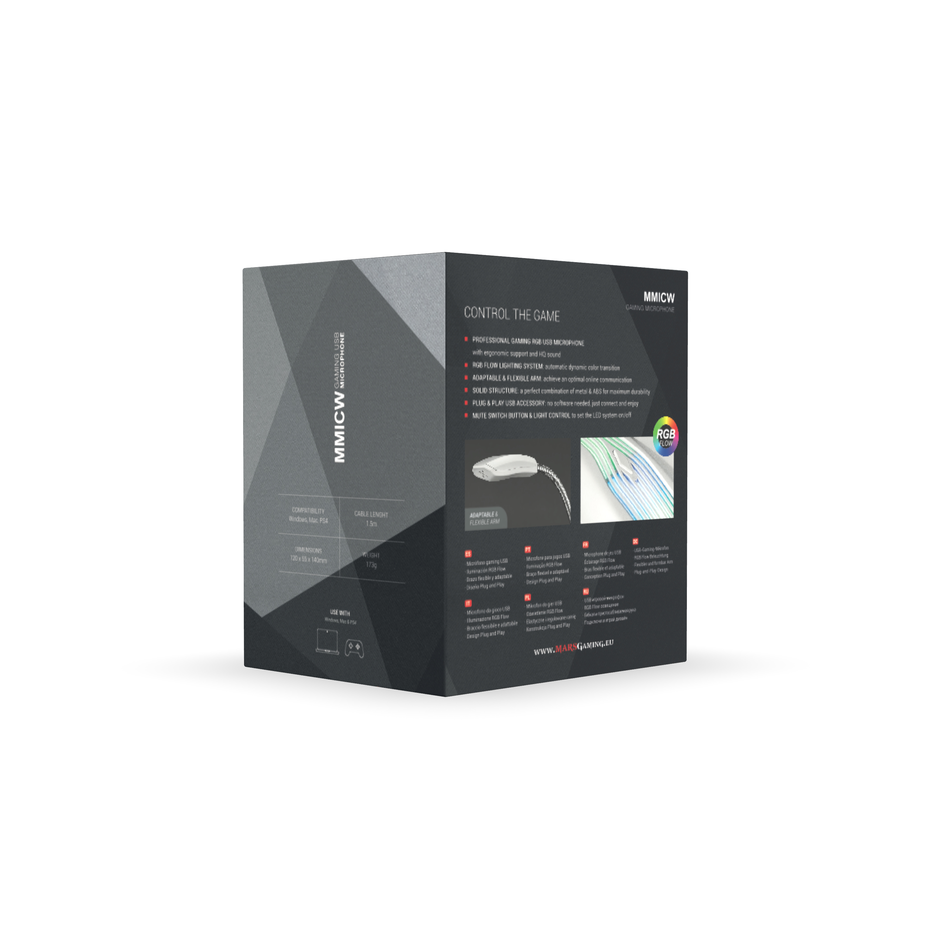 Caja de producto para un micrófono gamer, mostrando características y especificaciones.