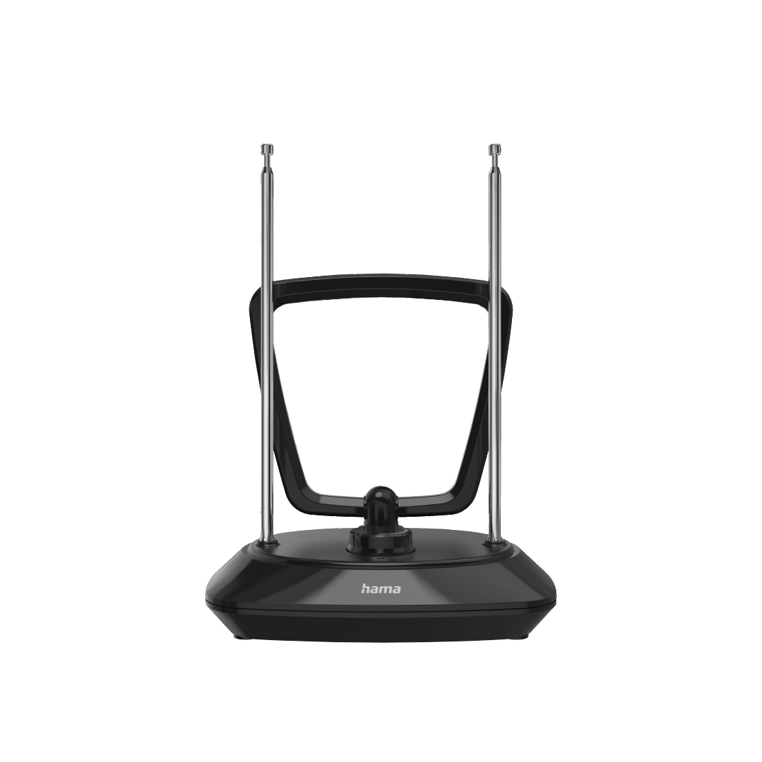 Un'antenna interna nera con due aste argentate e un telaio a forma di anello su una base nera. Il marchio 'hama' è visibile.