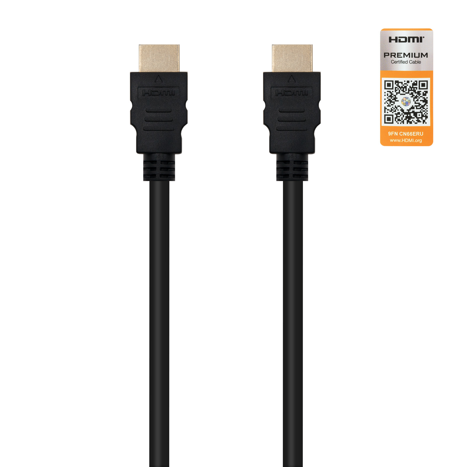 Dos cables HDMI negros con conectores dorados sobre un fondo blanco. A la derecha hay una etiqueta de certificación premium.