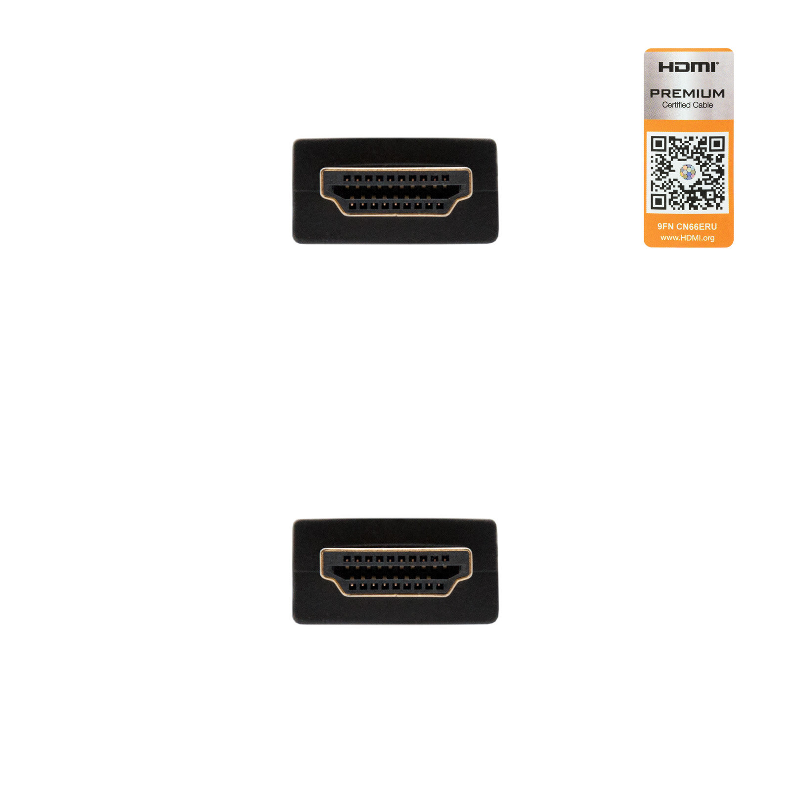 Se muestran dos conectores HDMI negros, uno encima del otro. A la derecha hay una etiqueta de certificación HDMI.