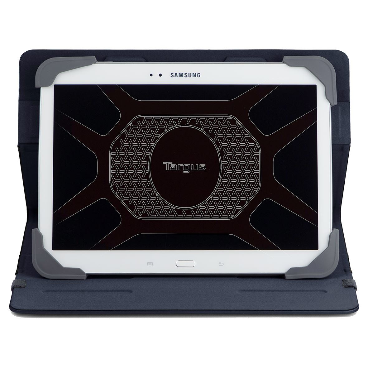 Una tableta Samsung blanca en una funda Targus azul oscuro. La pantalla muestra un diseño negro con el logotipo de Targus.