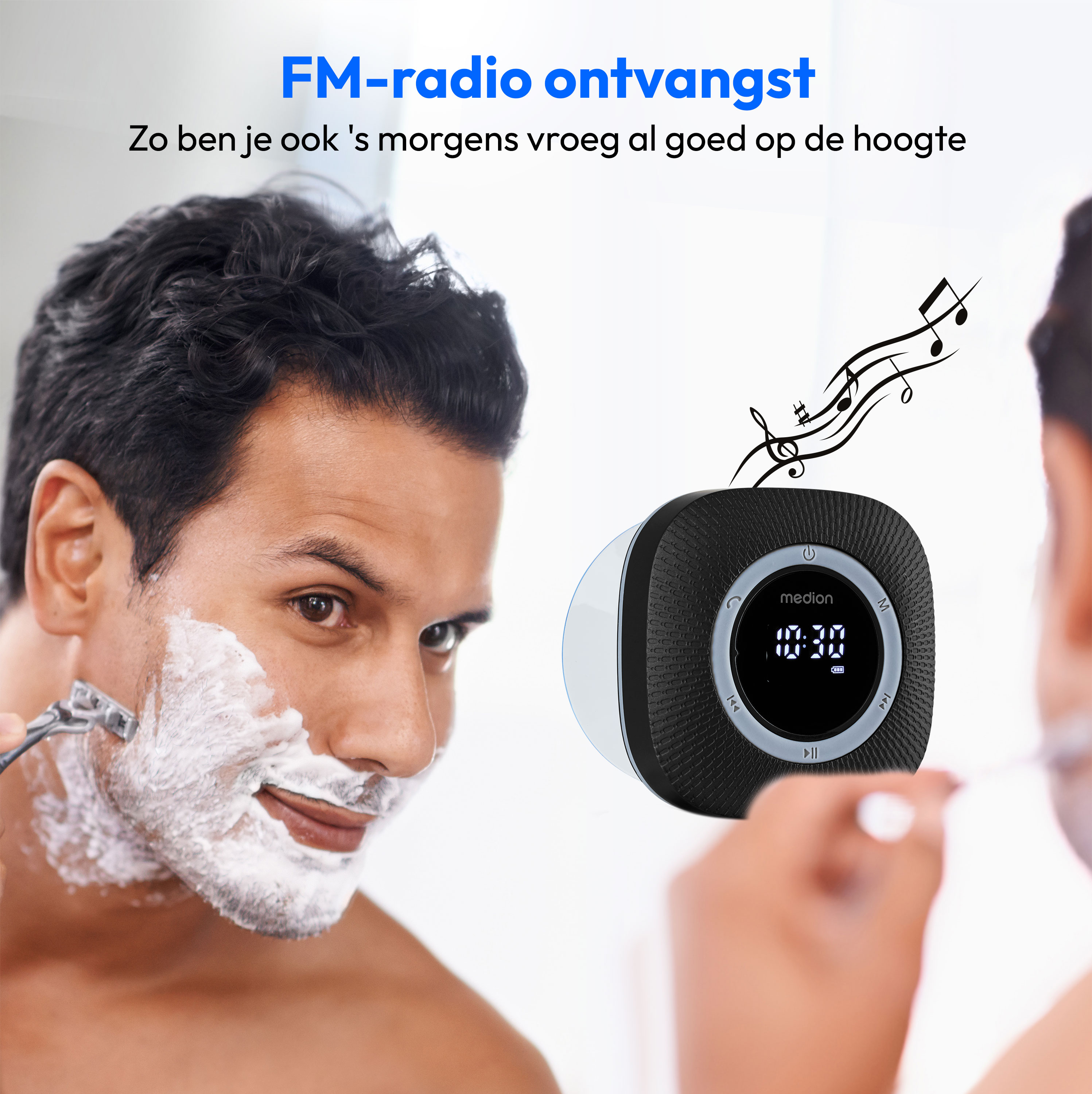 Ein Mann rasiert sich. Im Hintergrund befindet sich ein Radio mit Uhr. Musiknoten schweben aus dem Radio.