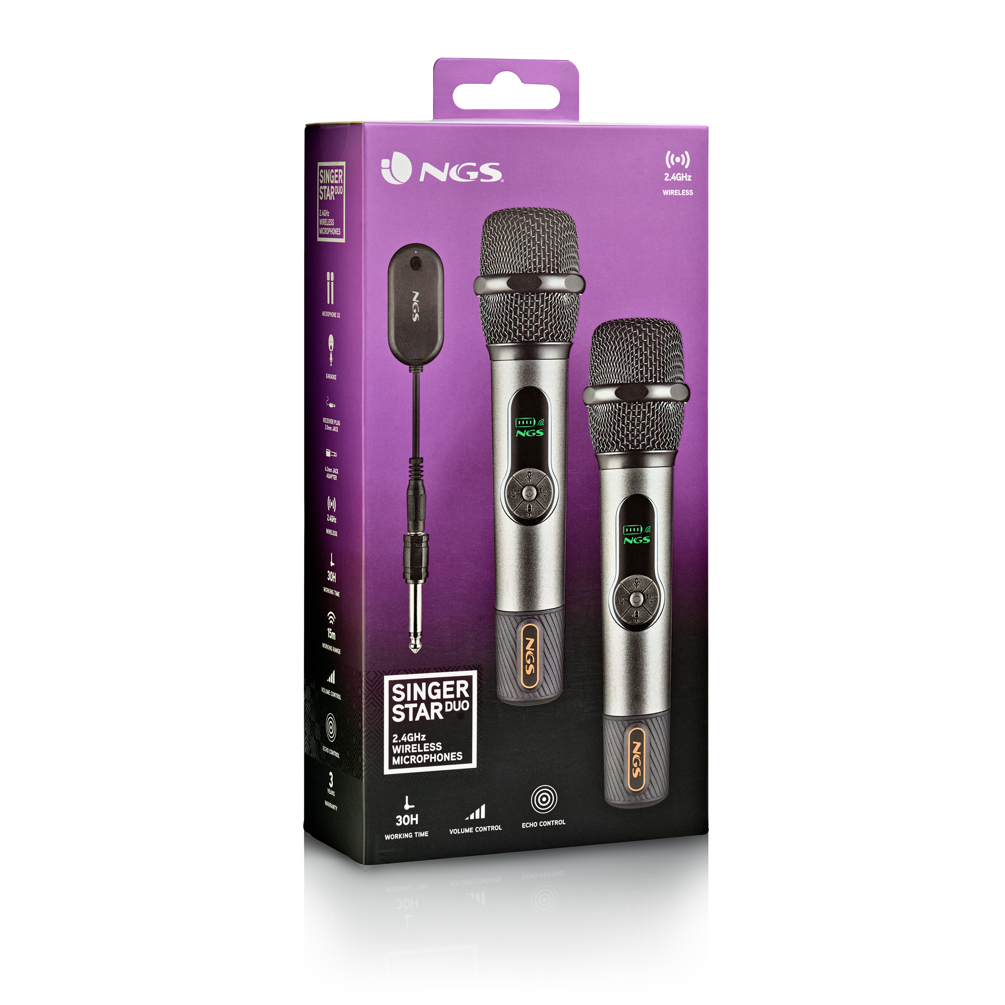 Scatola di microfoni wireless NGS Singer Star Duo. Include due microfoni, un ricevitore e funzioni come il controllo del volume e dell'eco.