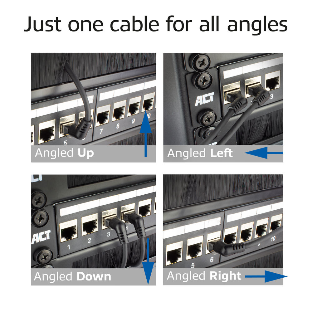 Das Bild zeigt Netzwerkkabel, die in verschiedenen Winkeln an ein Patchpanel angeschlossen sind. Text: 'Nur ein Kabel für alle Winkel'.