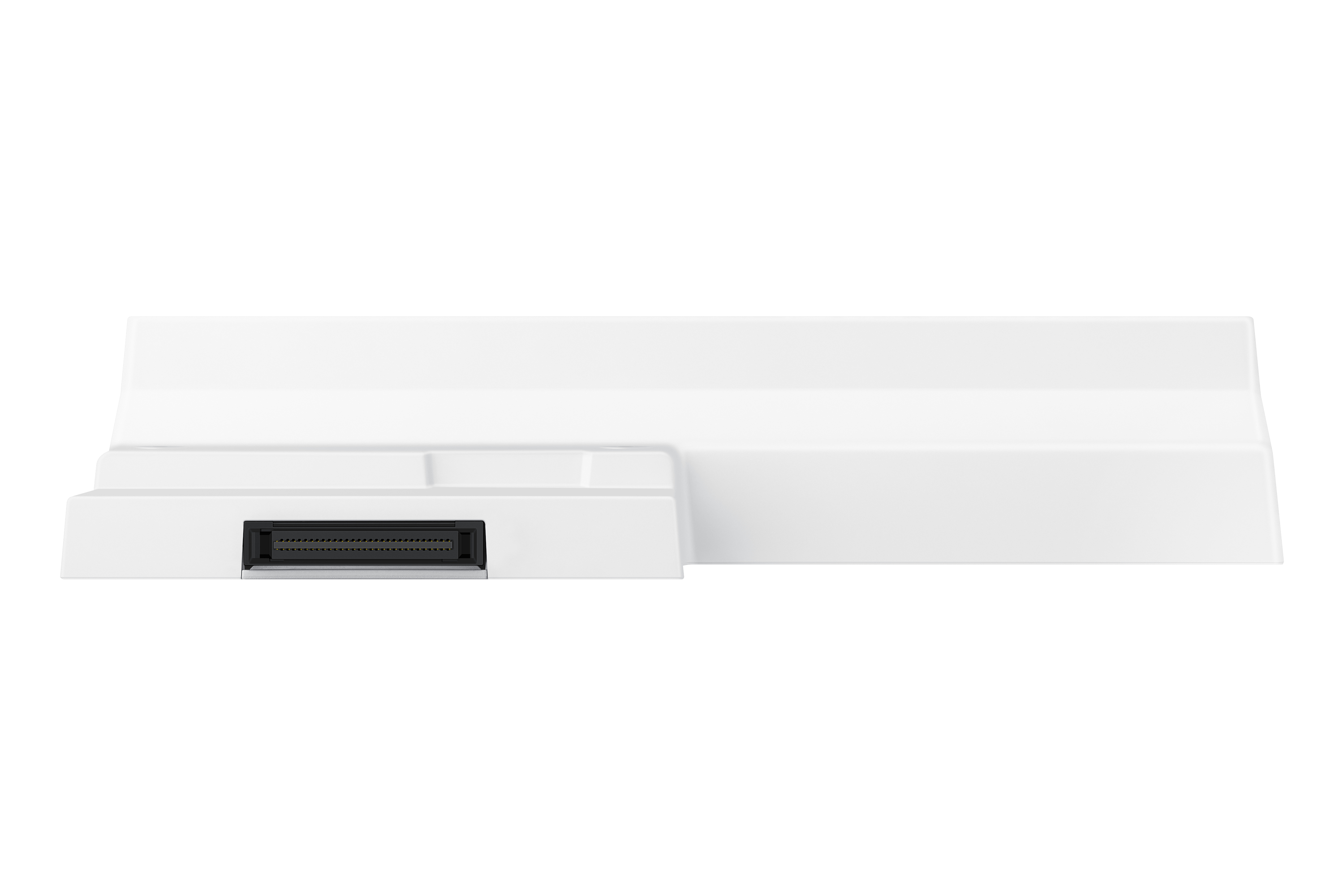 A white electronic device, possibly a docking station, with a black connector at the front.