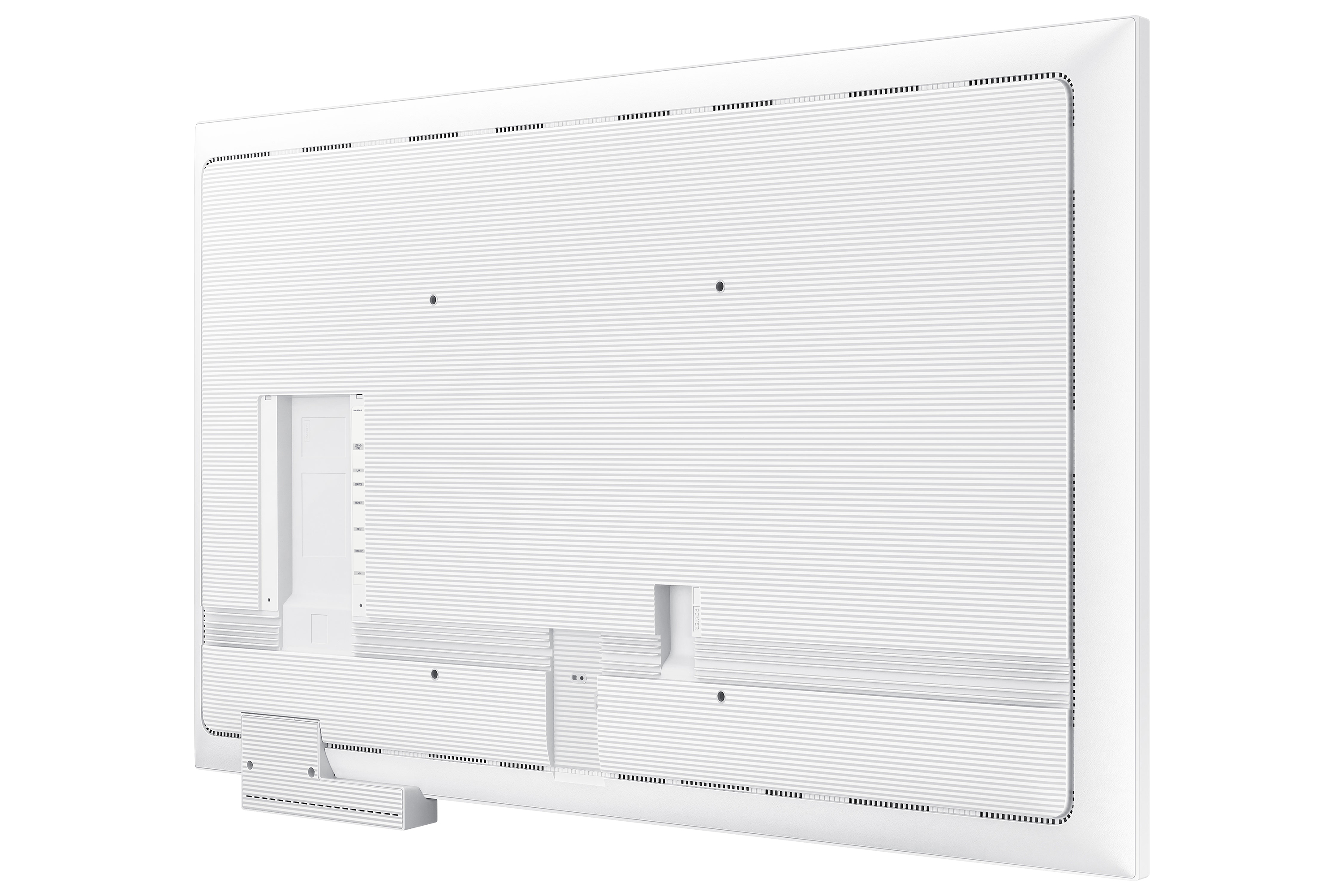 Rear view of a white TV. It has a textured surface with ports and a rectangular design.