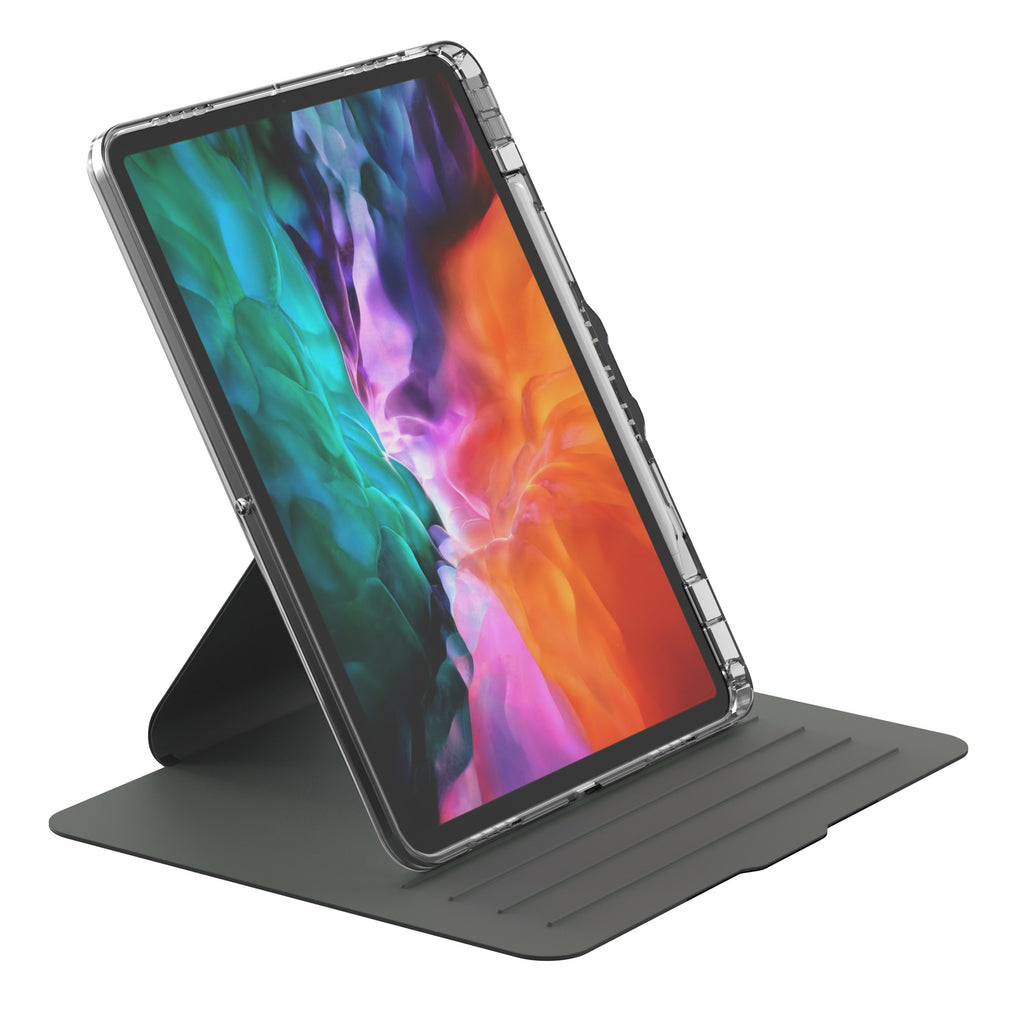 An iPad in a clear case is propped up on a gray case cover. The screen displays an abstract colorful wallpaper.