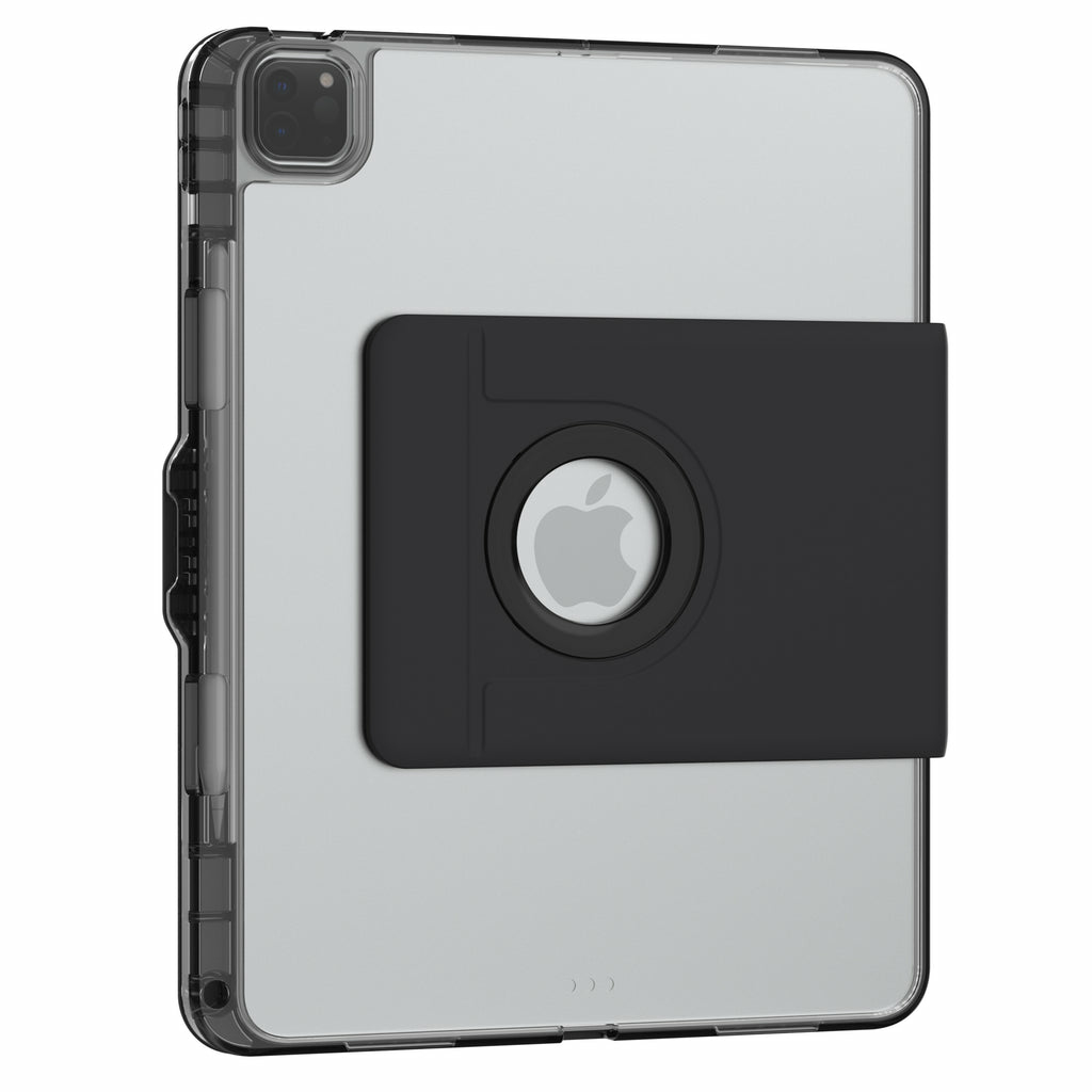 An iPad with a black case and a black rotating grip with the Apple logo. The iPad is silver, with a clear case around it.