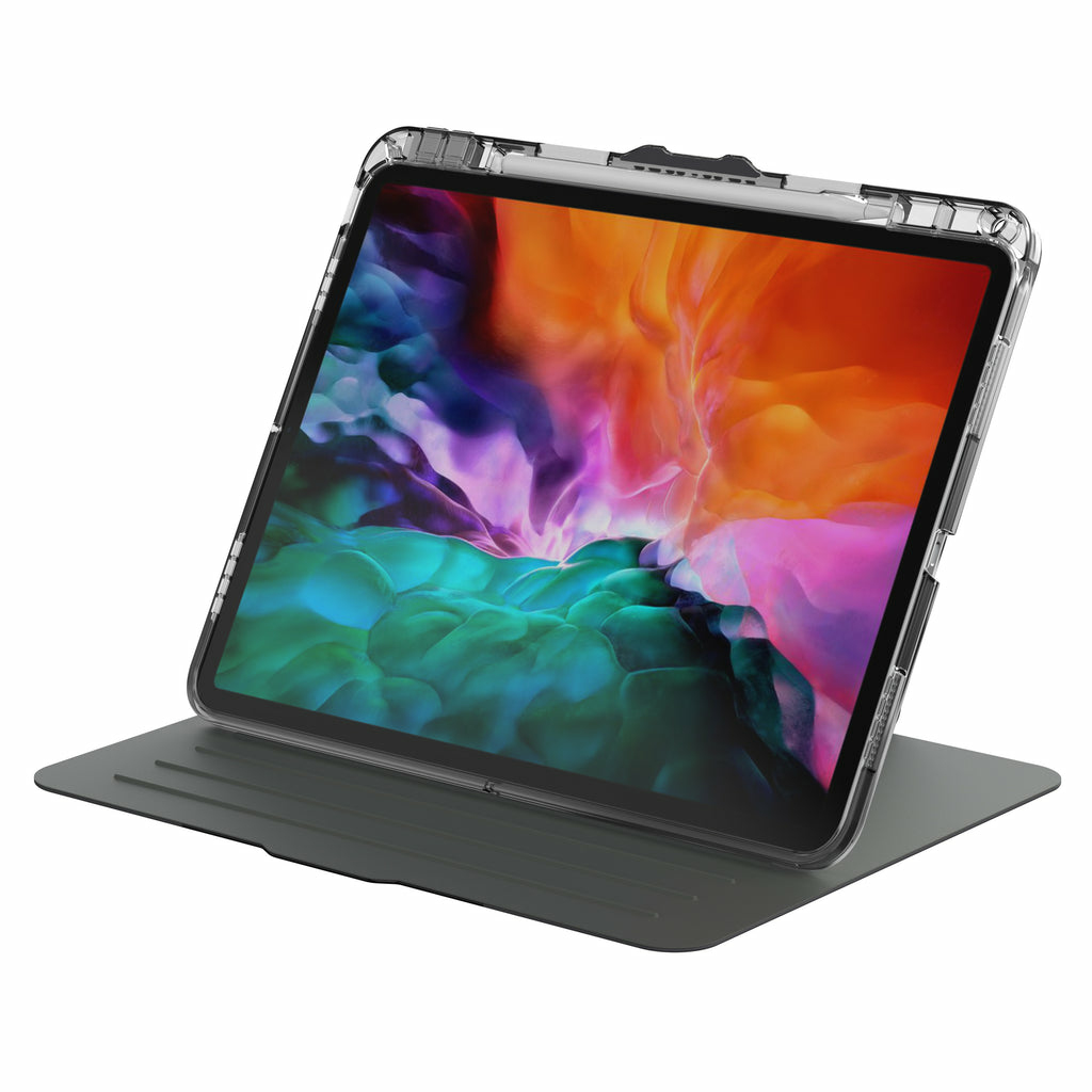 An iPad in a clear case rests on a gray folio. The screen displays vibrant colors. The case protects the device.