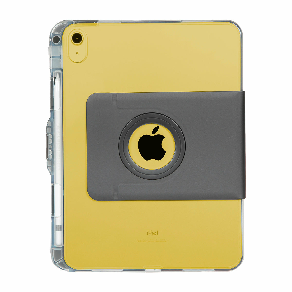 iPad amarillo en una funda transparente con soporte gris. Logotipo de Apple en la parte trasera. Lápiz en el lateral.