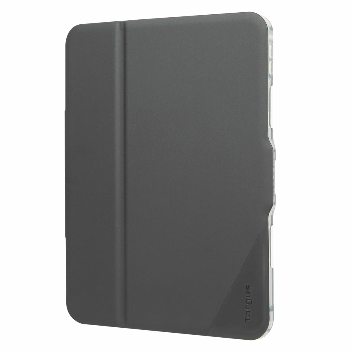 Una funda de tableta gris oscuro con solapa. El logotipo de Targus es visible. La funda está sobre un fondo blanco, inclinada hacia la derecha.