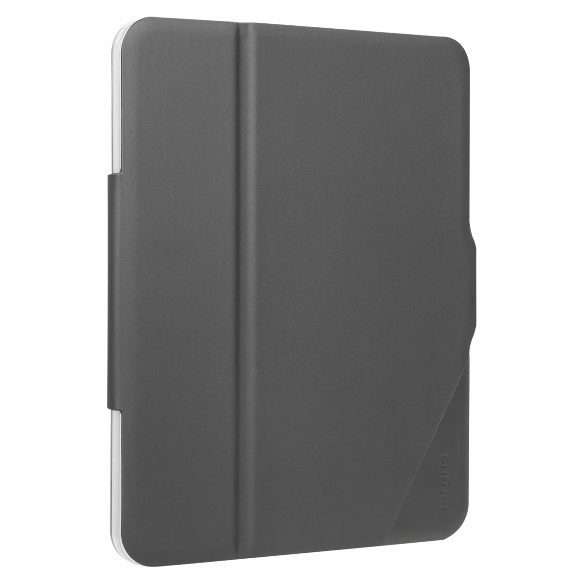 Una funda gris para tableta con tapa plegada. La funda es rectangular con esquinas redondeadas. El logotipo de Targus es visible.