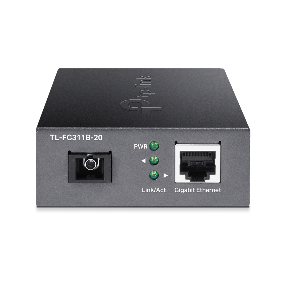 Un appareil TP-Link noir et gris avec ports, lumières et étiquettes. C'est un appareil réseau, avec Gigabit Ethernet et TL-FC311B-20.