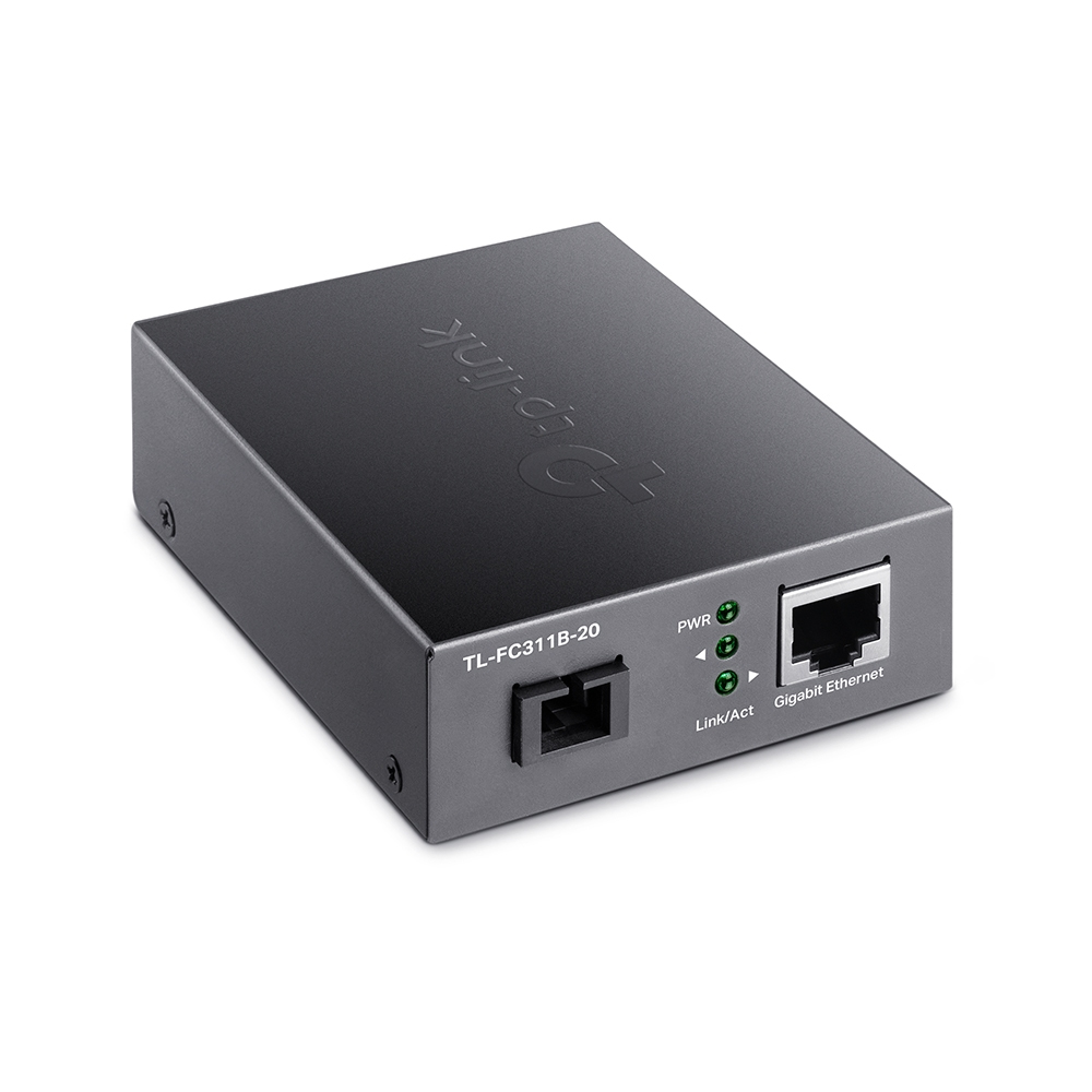 Un appareil réseau TL-FC311B-20 gris foncé avec ports Ethernet et fibre optique. Il a des indicateurs d'alimentation et de liaison/activité. La marque est visible.