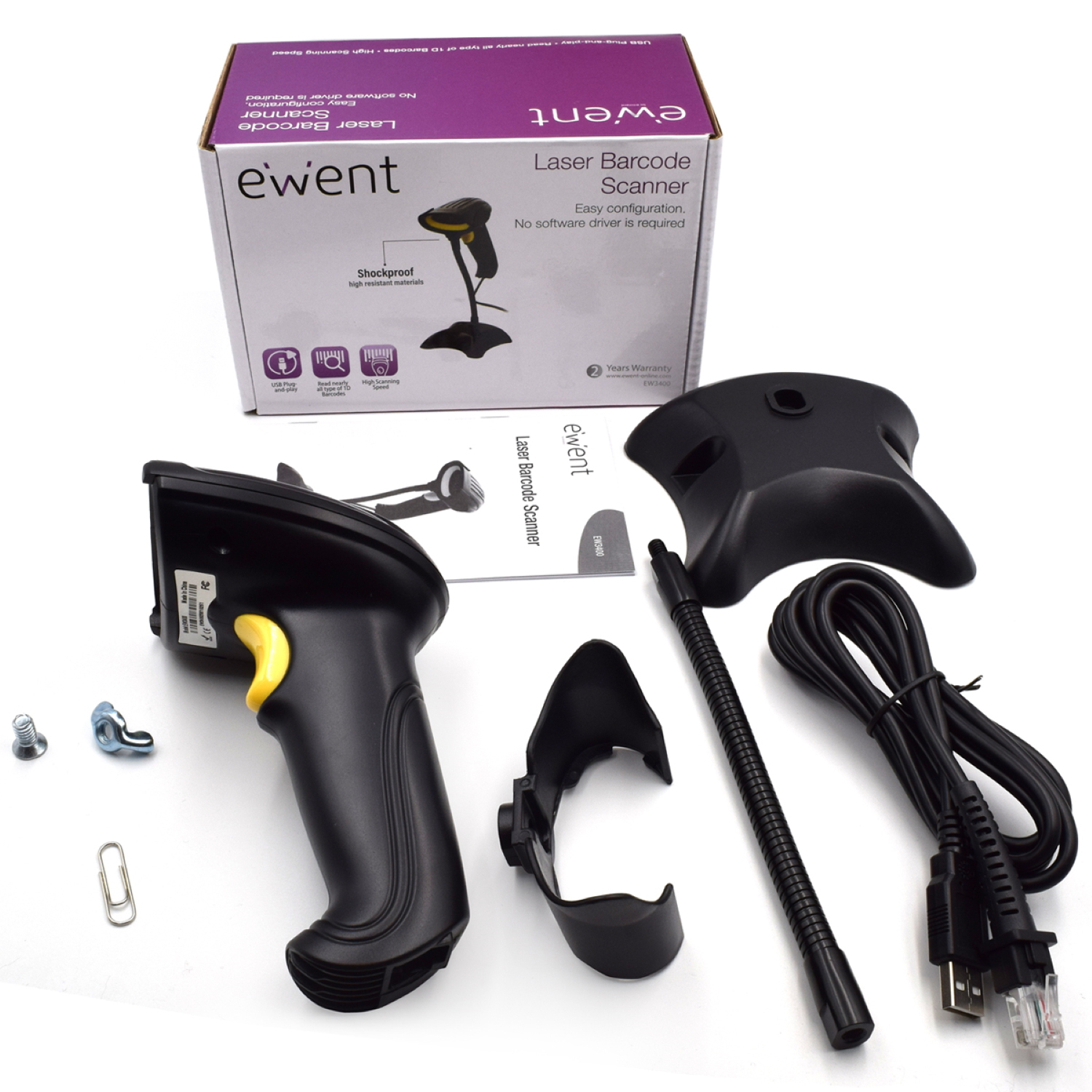 Ein Barcode-Scanner-Kit mit schwarzem Scanner, Zubehör und einer Box. Die Box hat 'ewent' und Scanner-Details.