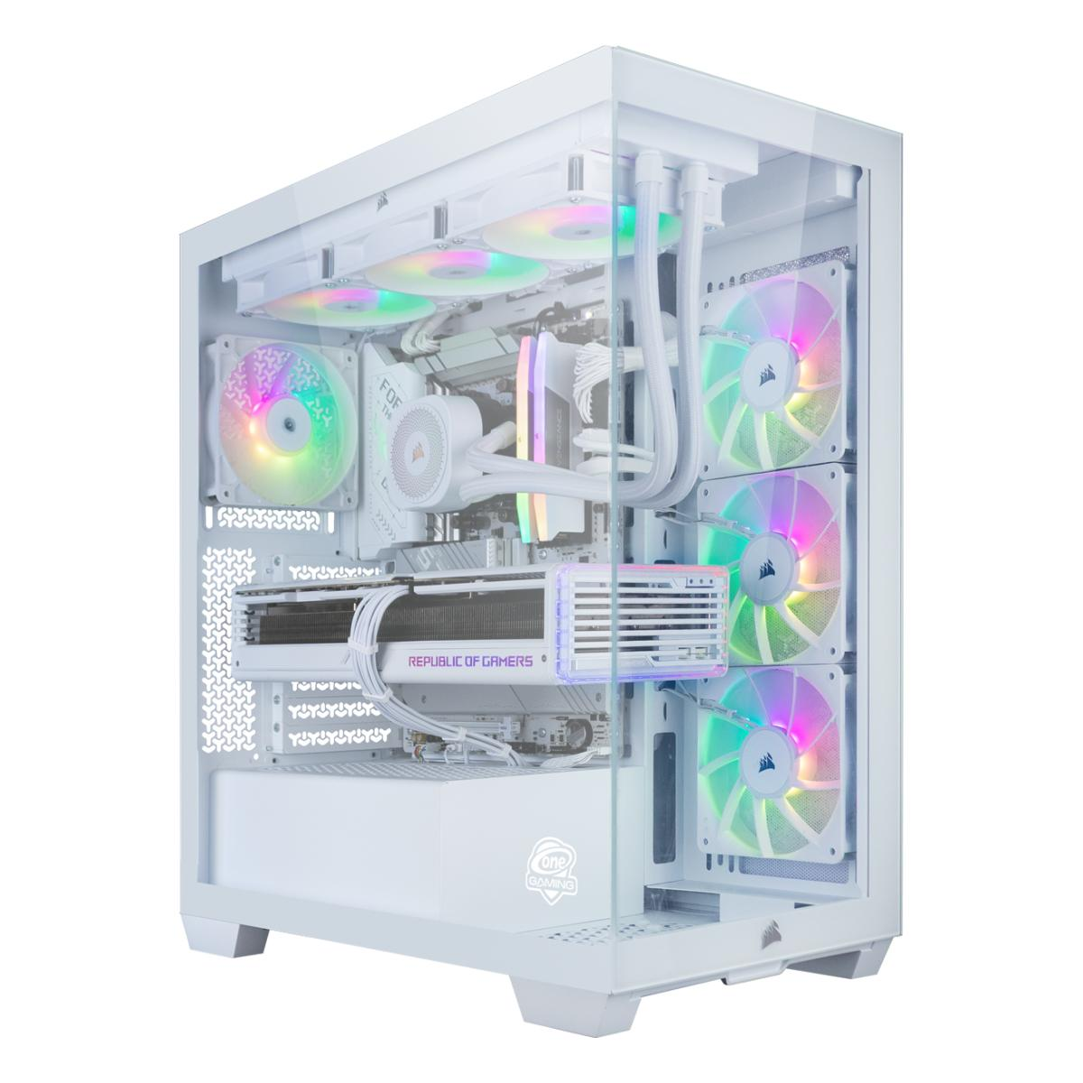 Weißes PC-Gehäuse mit Glas-Seitenwand. Im Inneren befinden sich bunte Lüfter, eine Grafikkarte und andere Komponenten. Das Gehäuse hat ein ROG-Logo.