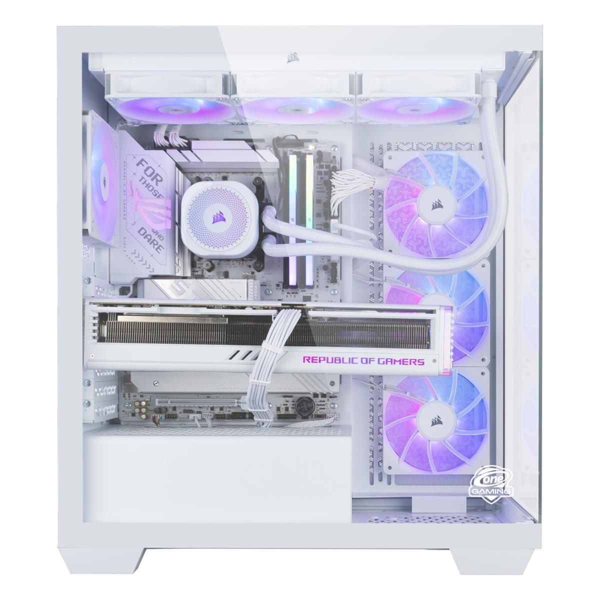 Weißes Computergehäuse mit internen Komponenten. Lüfter mit RGB-Beleuchtung, eine Grafikkarte und ein Wasserkühler sind sichtbar.