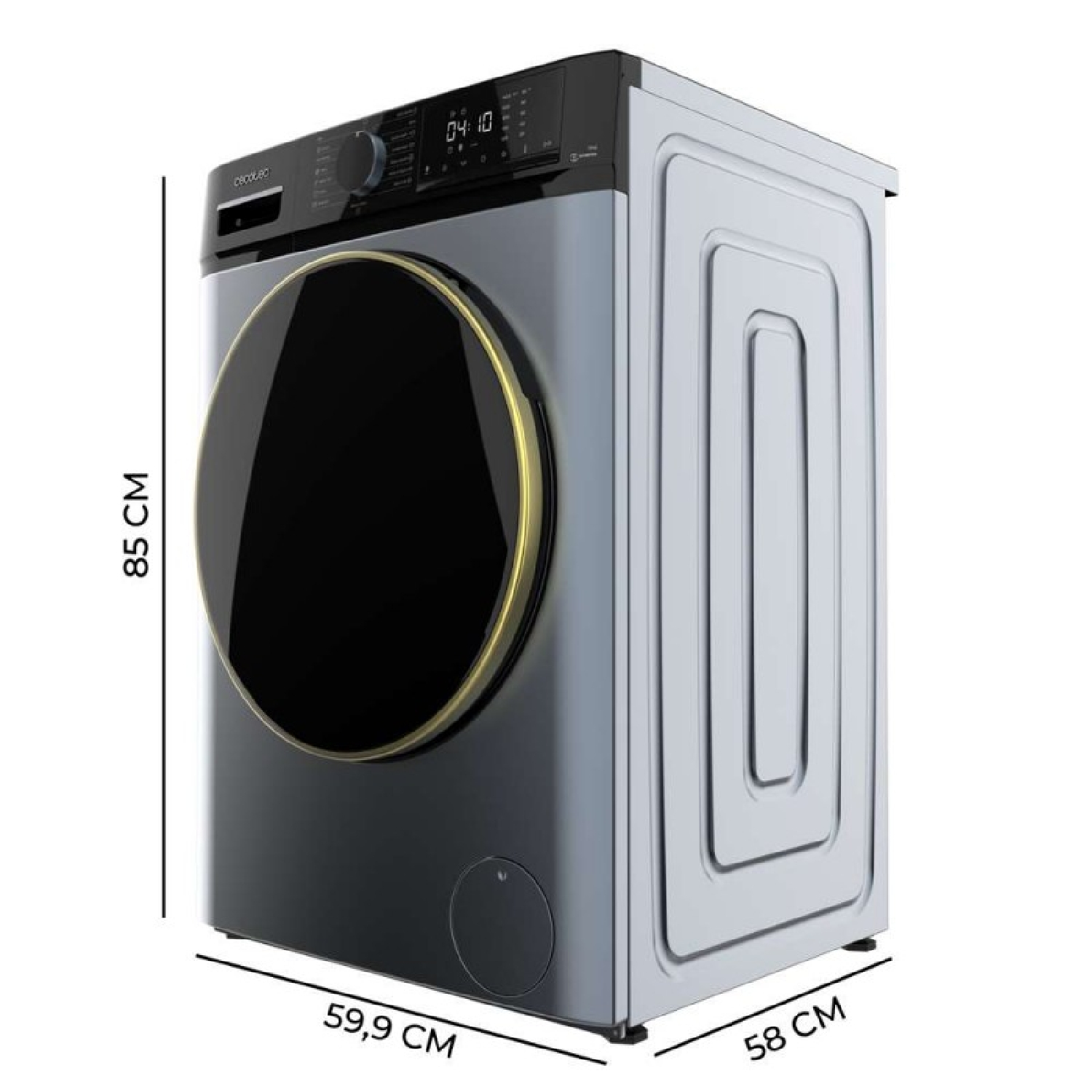 Pralka z czarnymi drzwiami i złotym obramowaniem. Wymiary: 85 cm wysokości, 59,9 cm szerokości i 58 cm głębokości. Wyświetlacz pokazuje 04:10.