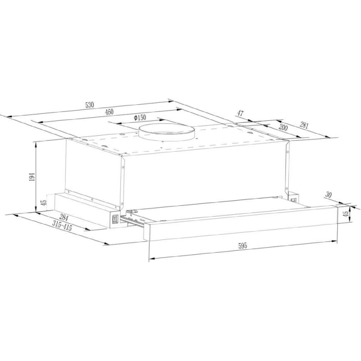 Un dibujo técnico de una campana extractora rectangular con dimensiones, incluyendo un elemento circular y un panel deslizante.