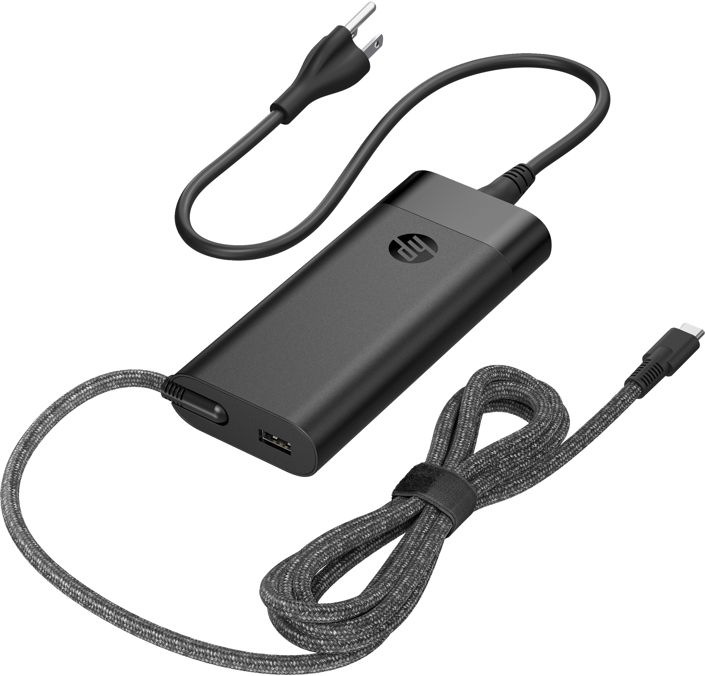 Czarna ładowarka do laptopa HP z dwoma kablami: jeden do zasilania i jeden USB-C, na białym tle.