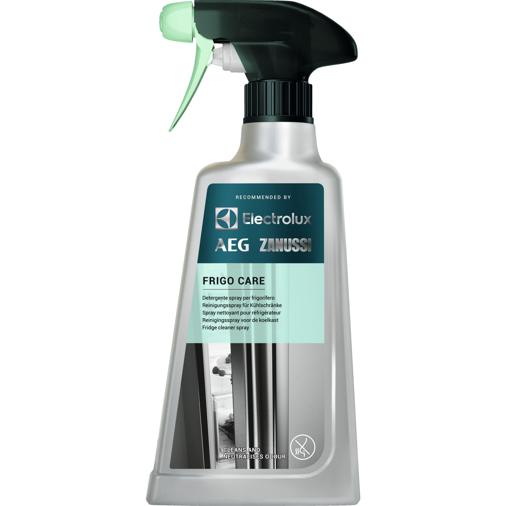 Una bottiglia di spray detergente per frigorifero Frigo Care, raccomandato da Electrolux. Ha una testina verde e nera.