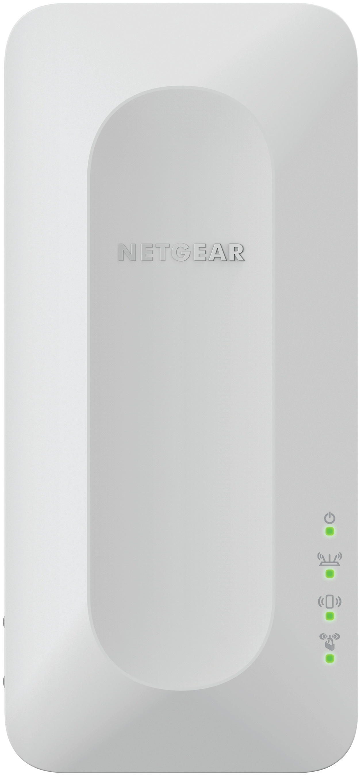 Un dispositivo Netgear blanco. Tiene un hueco arqueado y luces indicadoras. El logotipo de Netgear es visible.