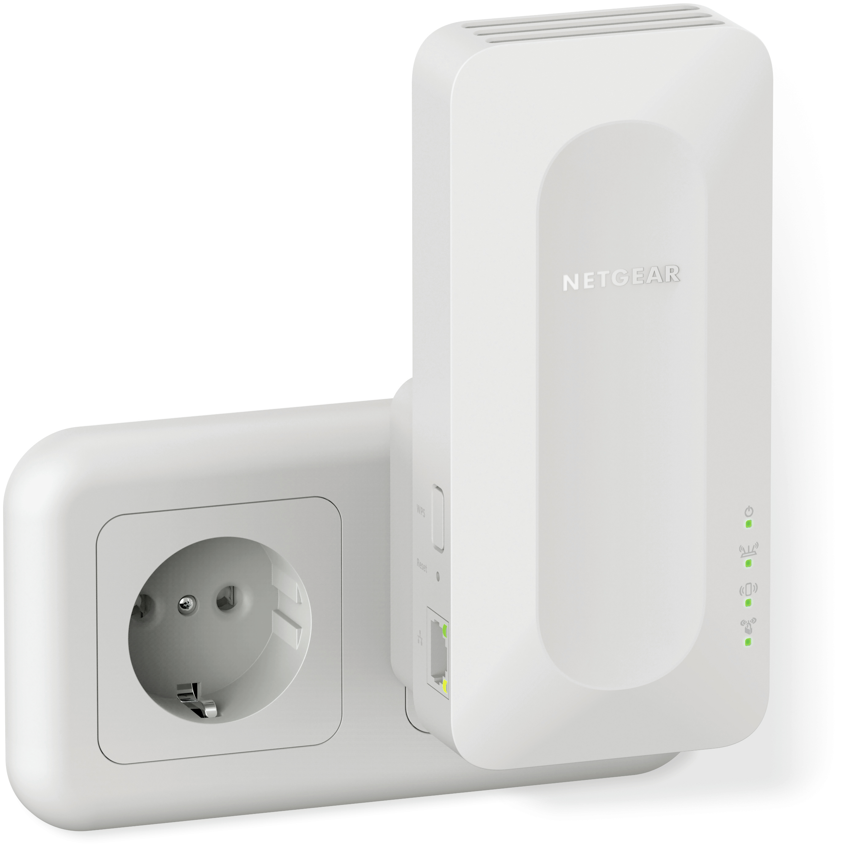 Extensor WiFi Netgear blanco enchufado a un enchufe de pared blanco. Luces verdes indican funcionalidad.