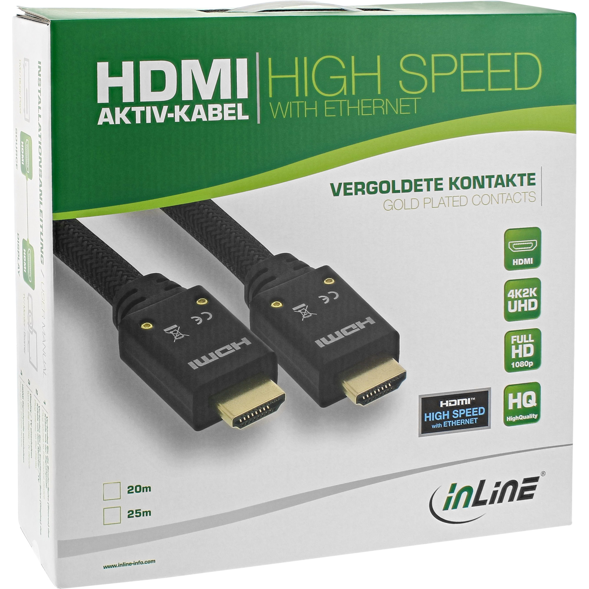 Doos met HDMI-kabels. Labels: High Speed, Actieve Kabel, Vergulde Contacten. Logo's: HDMI, 4K UHD, Full HD, HQ.