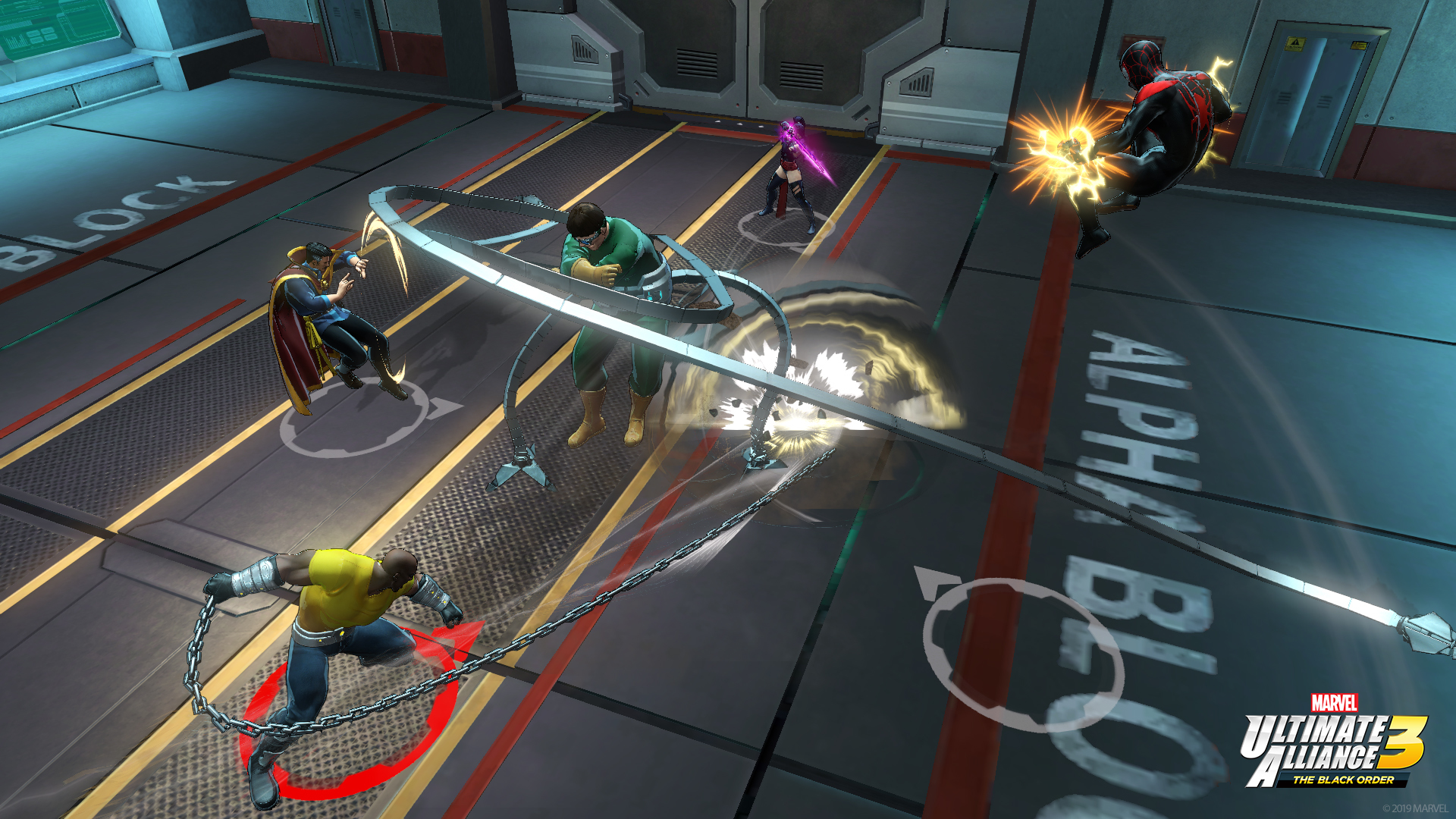 Marvel Ultimate Alliance 3-Szene. Charaktere kämpfen. Doctor Strange, Doctor Octopus, Miles Morales und andere sind anwesend.